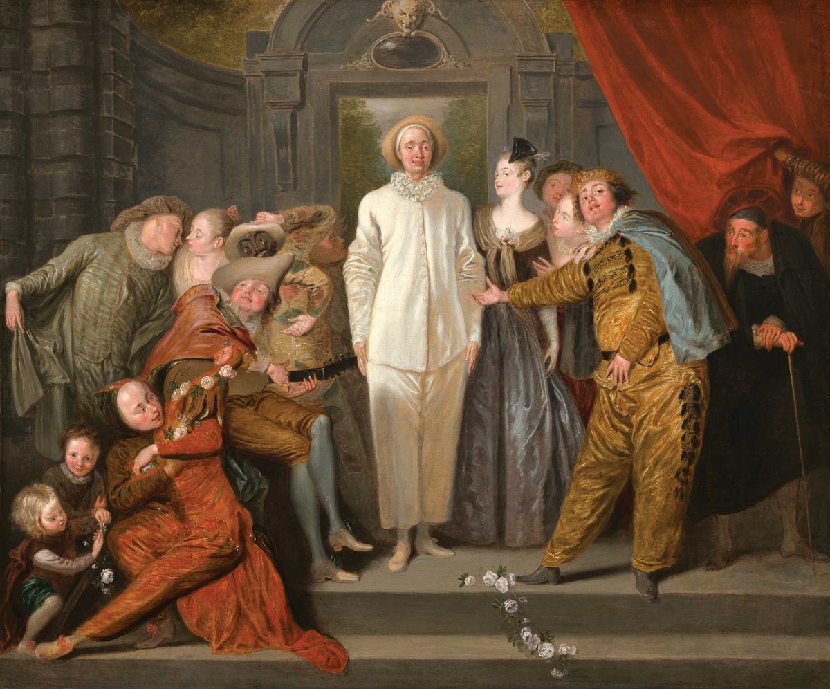 Jean-Antoine Watteau’s The Italian Comedians (probably 1720) has Pierrot, dressed in white, at its centre. An earlier work by Watteau, The Departure of the Italian Comedians, describes the expulsion of commedia dell’arte performers from Paris

Courtesy National Gallery of Art, Washington



