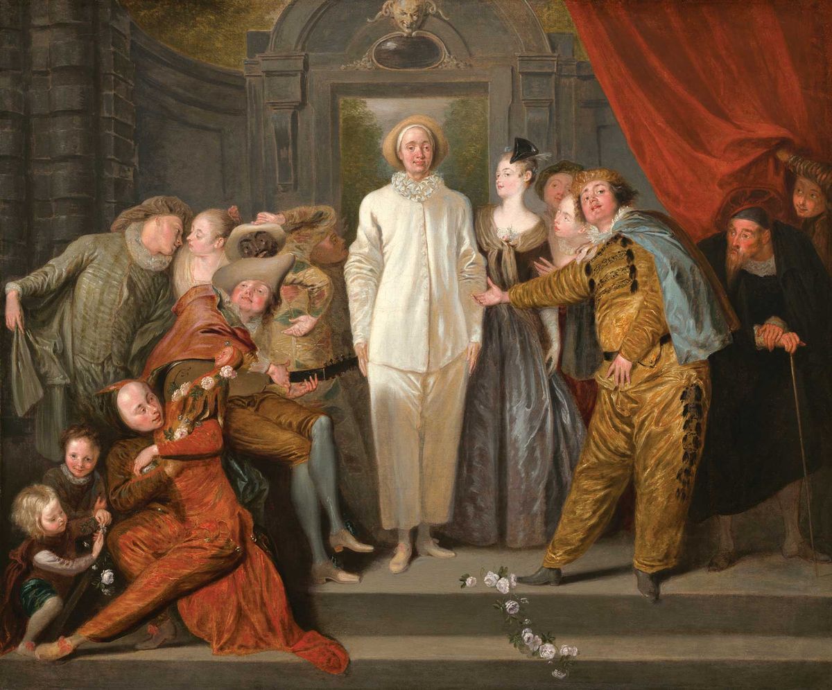Jean-Antoine Watteau’s The Italian Comedians (probably 1720) has Pierrot, dressed in white, at its centre. An earlier work by Watteau, The Departure of the Italian Comedians, describes the expulsion of commedia dell’arte performers from Paris
Courtesy National Gallery of Art, Washington