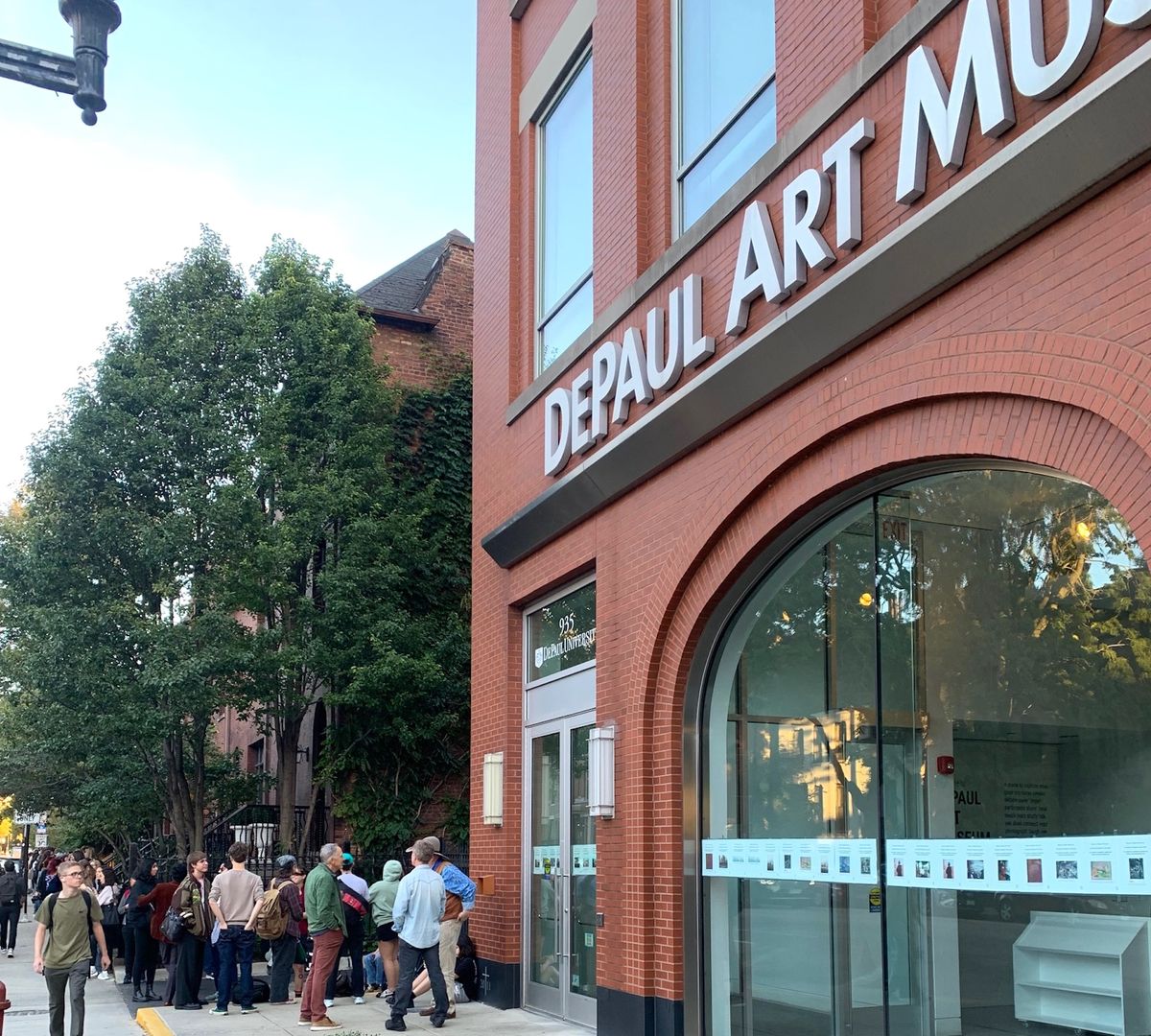 The Waiting protest outside the DePaul Art Museum in Chicago on 8 October Photo: Ruth Lopez