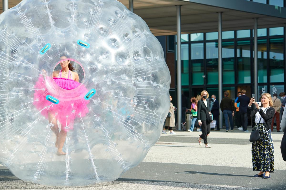 A dancer performing Monster Chetwynd's TEARS (2021) Courtesy of Art Basel