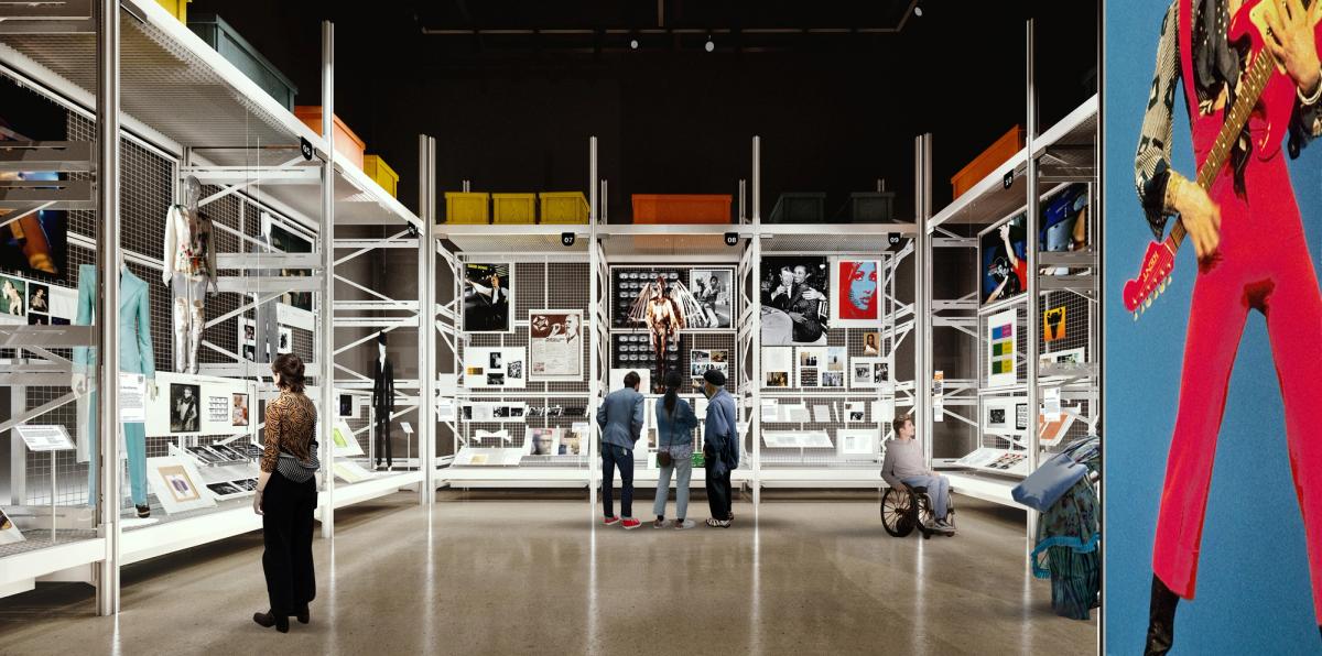 The vast new open-access working store will house more than 250,000 objects

Internal render view showing the David Bowie Centre in V&A East Storehouse © IDK