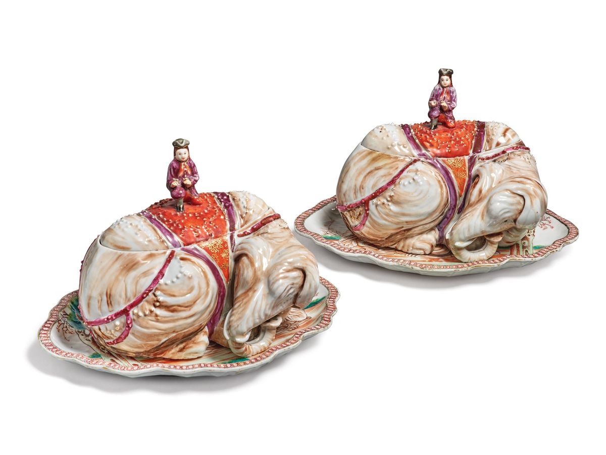 Pair of Chinese Export elephant-form tureens, covers and stands, Qing Dynasty, Qianlong Period Courtesy of Sotheby's