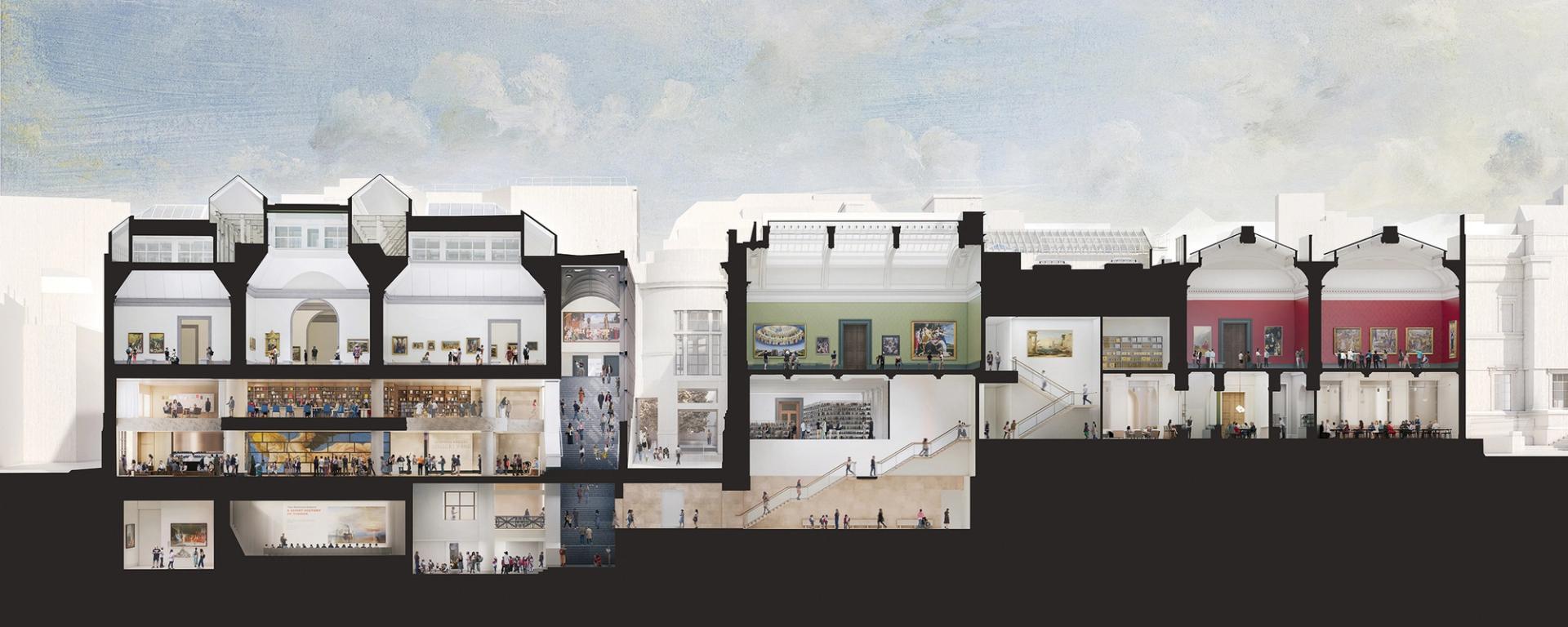 The National Gallery has gained planning permission to turn the Sainsbury Wing (left-hand portion of the image), one of the youngest Grade I-listed buildings in the UK, into the primary access point for the museum © Selldorf Architects