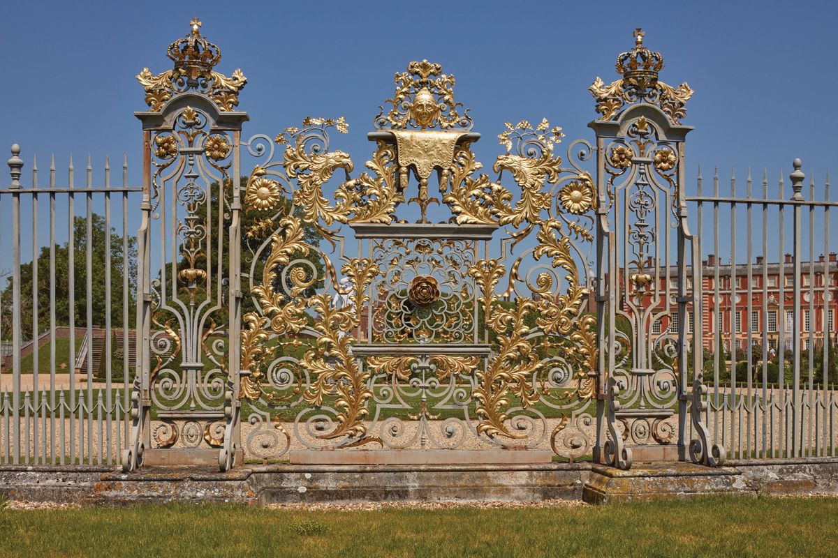 The wrought iron screens—pictured before conservation—feature intricate floral details that have been partially damaged or lost during past travels Photo: Robin Forster; © Historic Royal Palaces