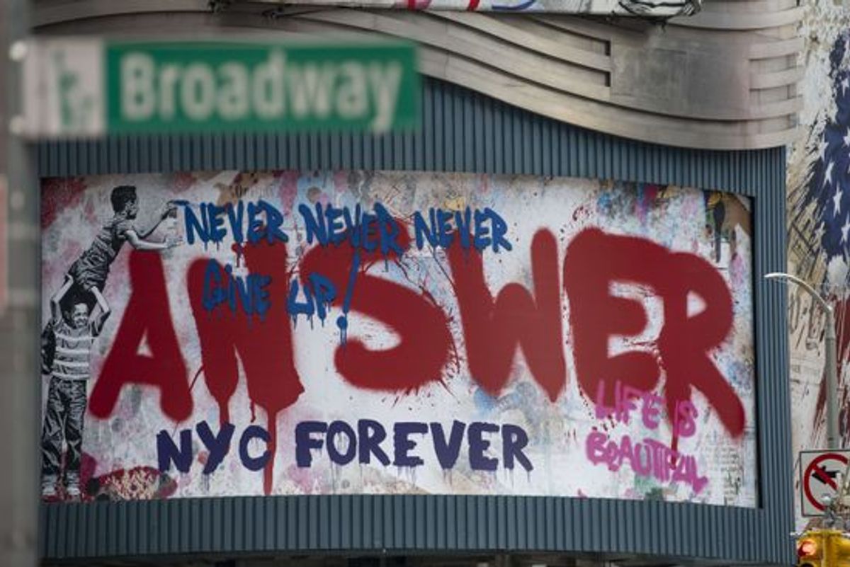 Graffiti art in New York's Broadway theatre district, which has been shuttered since March. Kostas Lymperopoulos/CSM