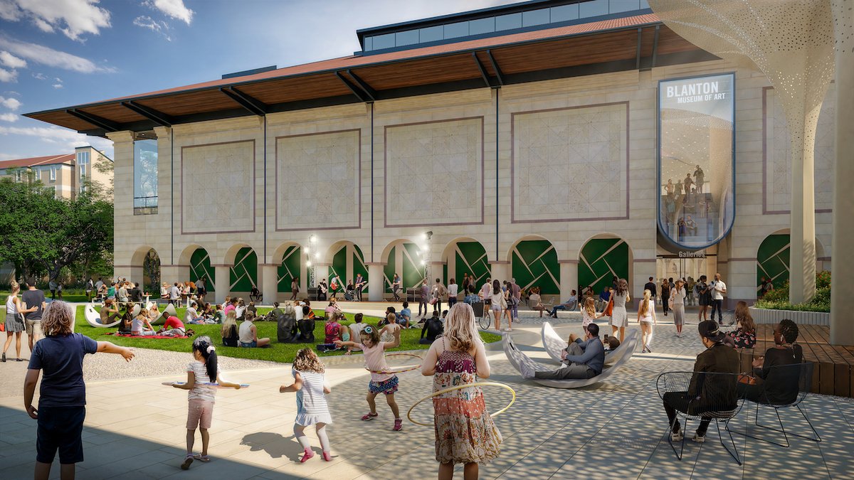 Rendering of the view from Martin Luther King, Jr. Boulevard looking northeast toward the Faulkner Gateway, showing the museum café outdoor seating at left and Carmen Herrera's mural on the right Courtesy Blanton Museum of Art, the University of Texas at Austin
