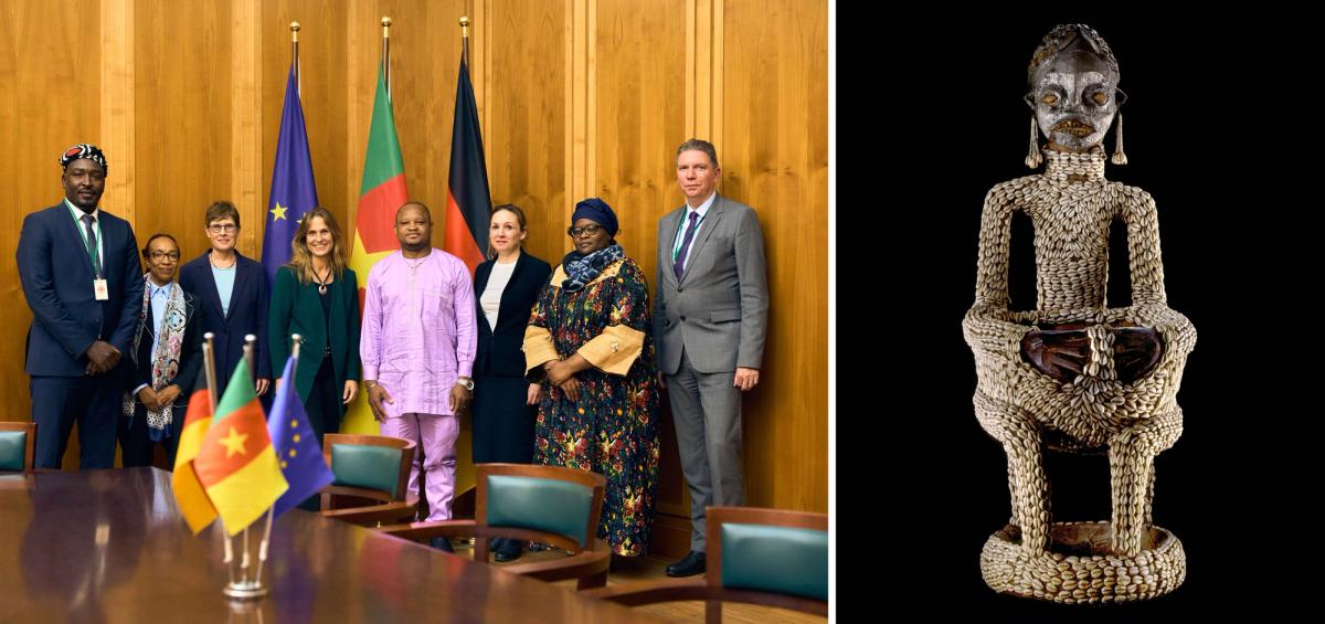 Left: the Cameroonian Restitution Commission visits Berlin’s Ethnological Museum in 2023. Right: the female figure known as Ngonnso, which has not yet been returned to Cameroon despite a pledge by the Prussian Cultural Heritage Foundation being made in 2022

© SPK / Foto: Tom Christen; © Staatliche Museen zu Berlin, Ethnologisches Museum / Eric Hesmerg