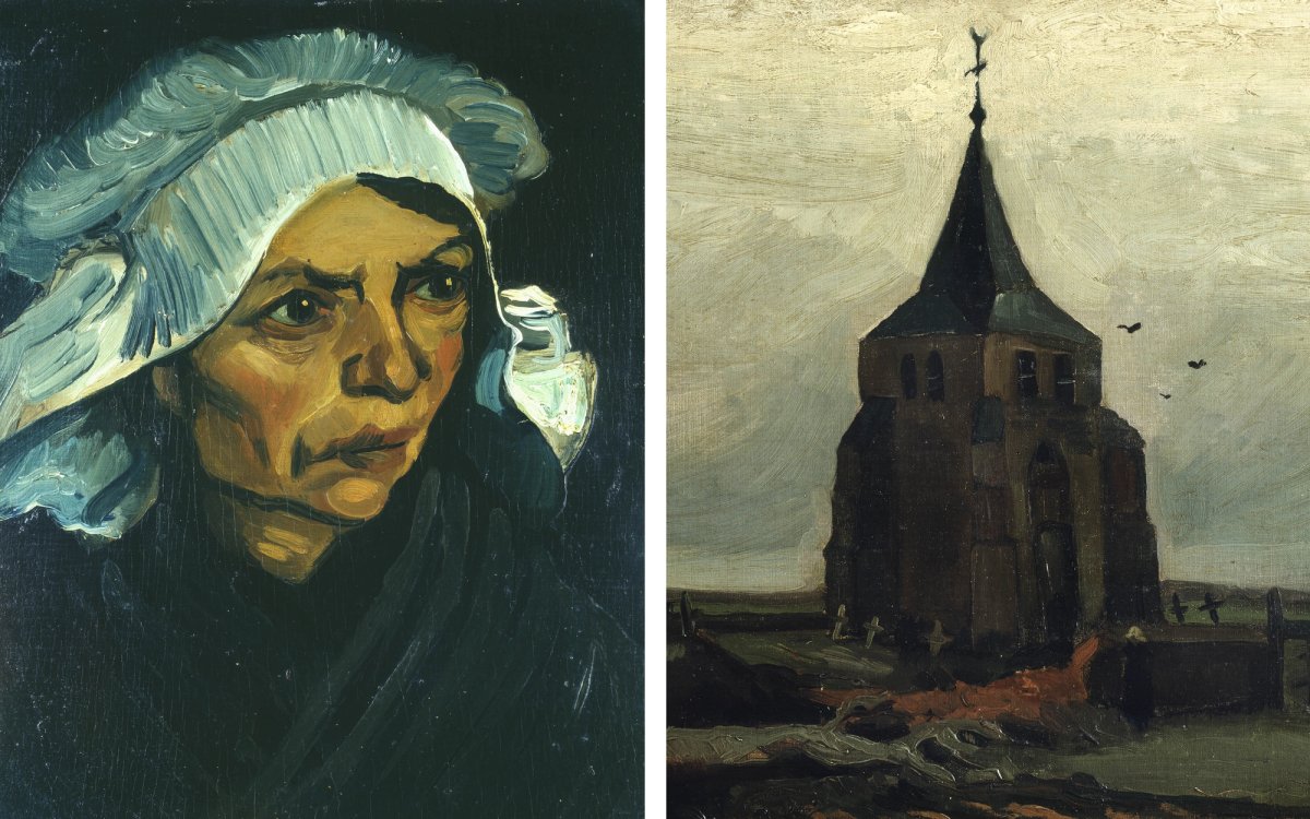 Left: Van Gogh’s Head of a Peasant Woman (March 1885). Bührle Collection, on long-term loan to Kunsthaus Zurich
Right: Van Gogh’s The Old Tower (detail) (July 1884)
Bührle Collection, on long-term loan to Kunsthaus Zurich (but recently returned to the Bührle Foundation)