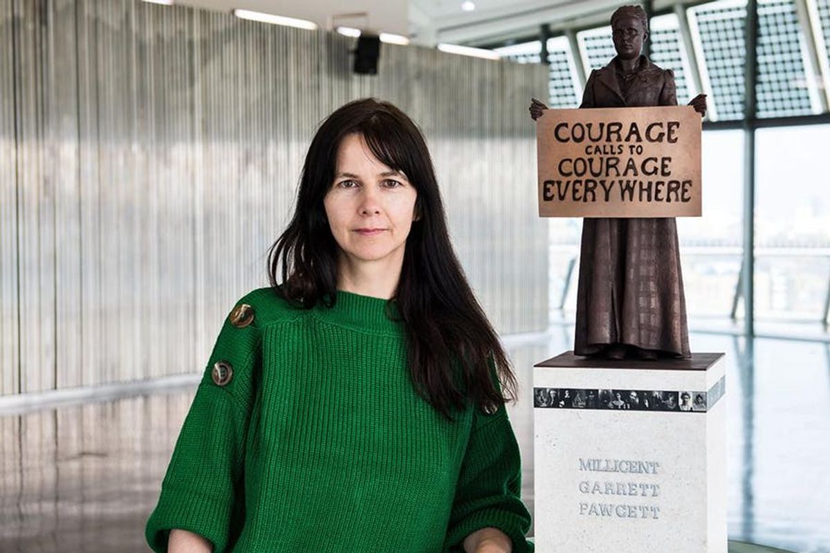 Gillian Wearing with a model of her Suffragist statue Photograph: Caroline Teo/GLA/PA