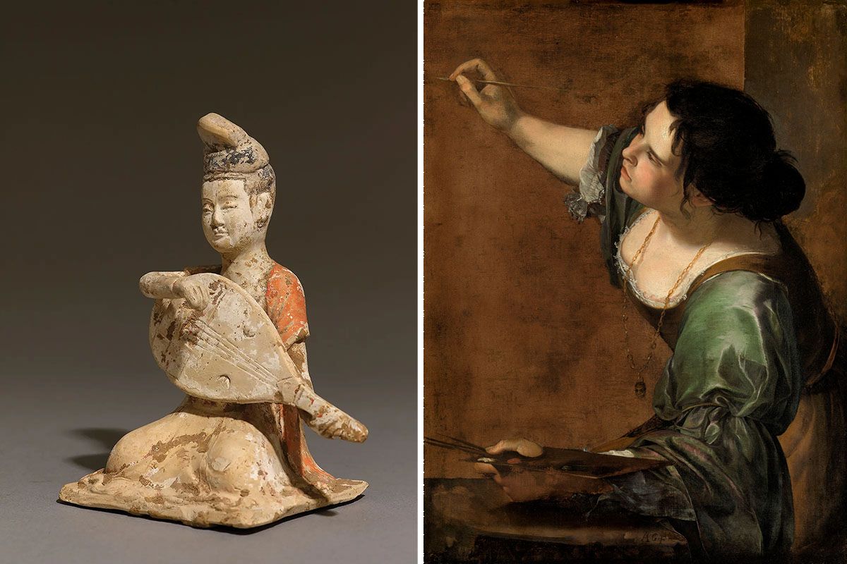 Left: A ceramic figure of a lute player from China’s Tang dynasty (618–907)
© Ashmolean Museum, University of Oxford

Right: Artemisia Gentileschi, Self-Portrait as the Allegory of Painting (La Pittura), c.1638-1639

Royal Collection Trust / © His Majesty King Charles III 2024