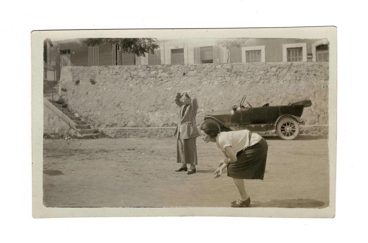 Photograph of Berthe Weill (left) and Lucy Bollag (right) playing pétanque in Sanary, 1925. Gift of Hervé Bourdon. Courtesy of Marianne Le Morvan, Archives Berthe Weill, Paris