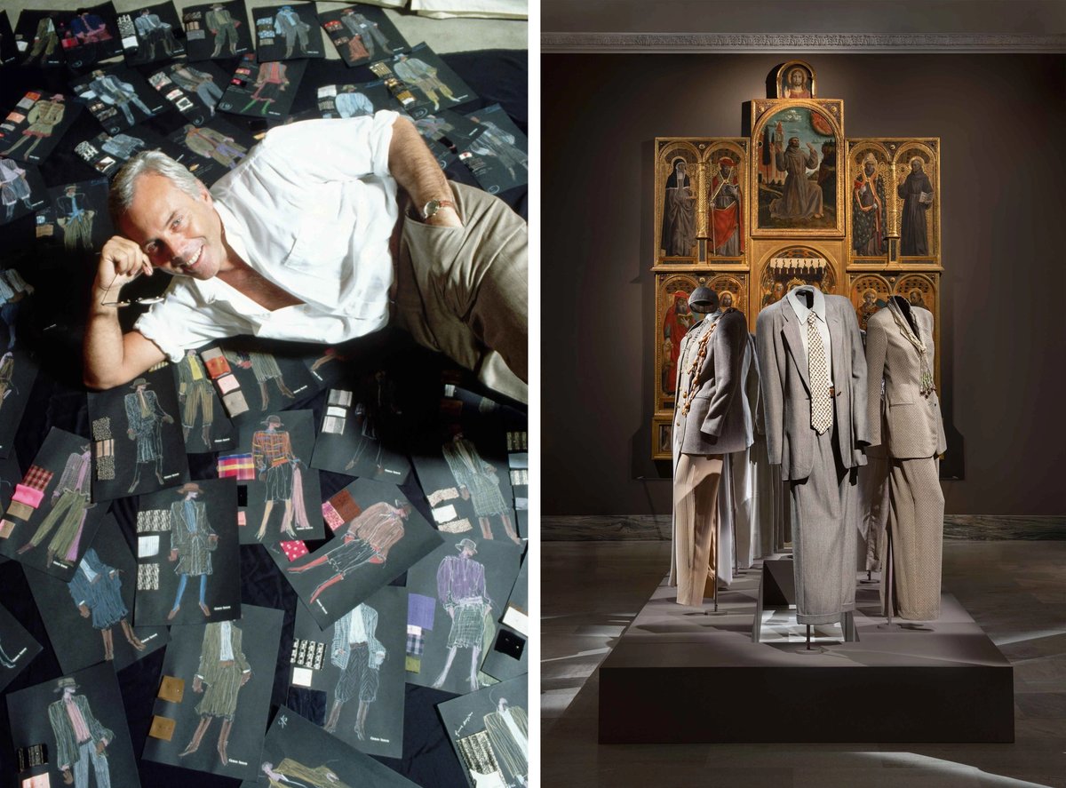 Giorgio Armani (left) oversaw planning of the exhibition (right) until shortly before his death
Armani: Getty Images. Installation view: @agnese_bedini @melaniadallegrave @dsl__studio