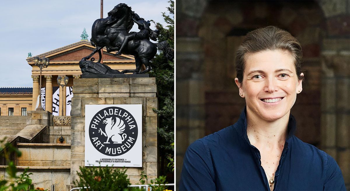 The Philadelphia Art Museum's exterior following a recent rebrand (left) and the museum's former chief executive and director Sasha Suda (left), who is now suing the institution Both photos courtesy Philadelphia Art Museum. Exterior photo by Rob Cusick