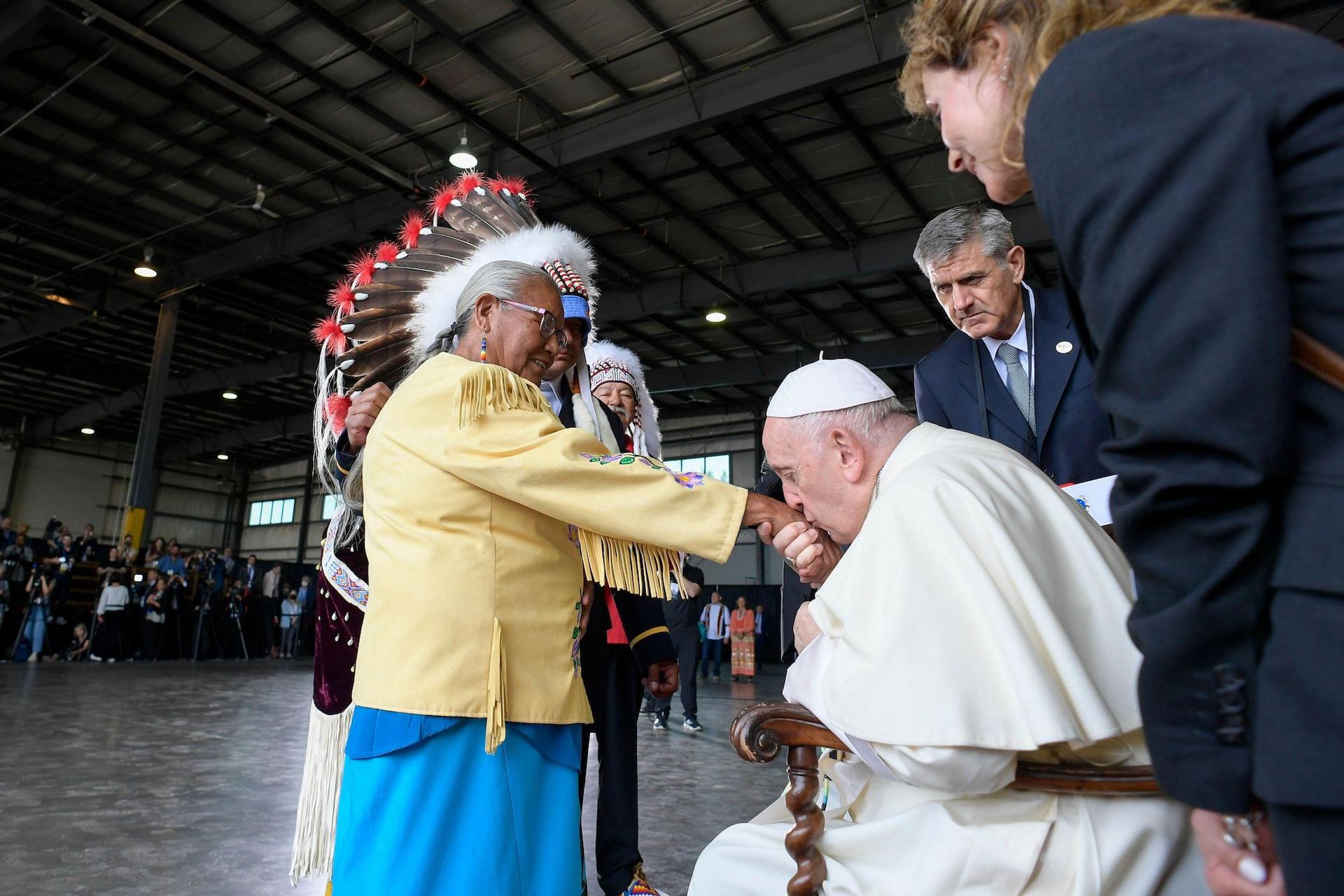 Pope Francis meets representatives from First Nations communities during his welcoming ceremony at Edmonton International Airport in Alberta, Canada Photograph by Vatican Mediia/Catholic Press Photo. Credit: Independent Photo Agency/Alamy Live News