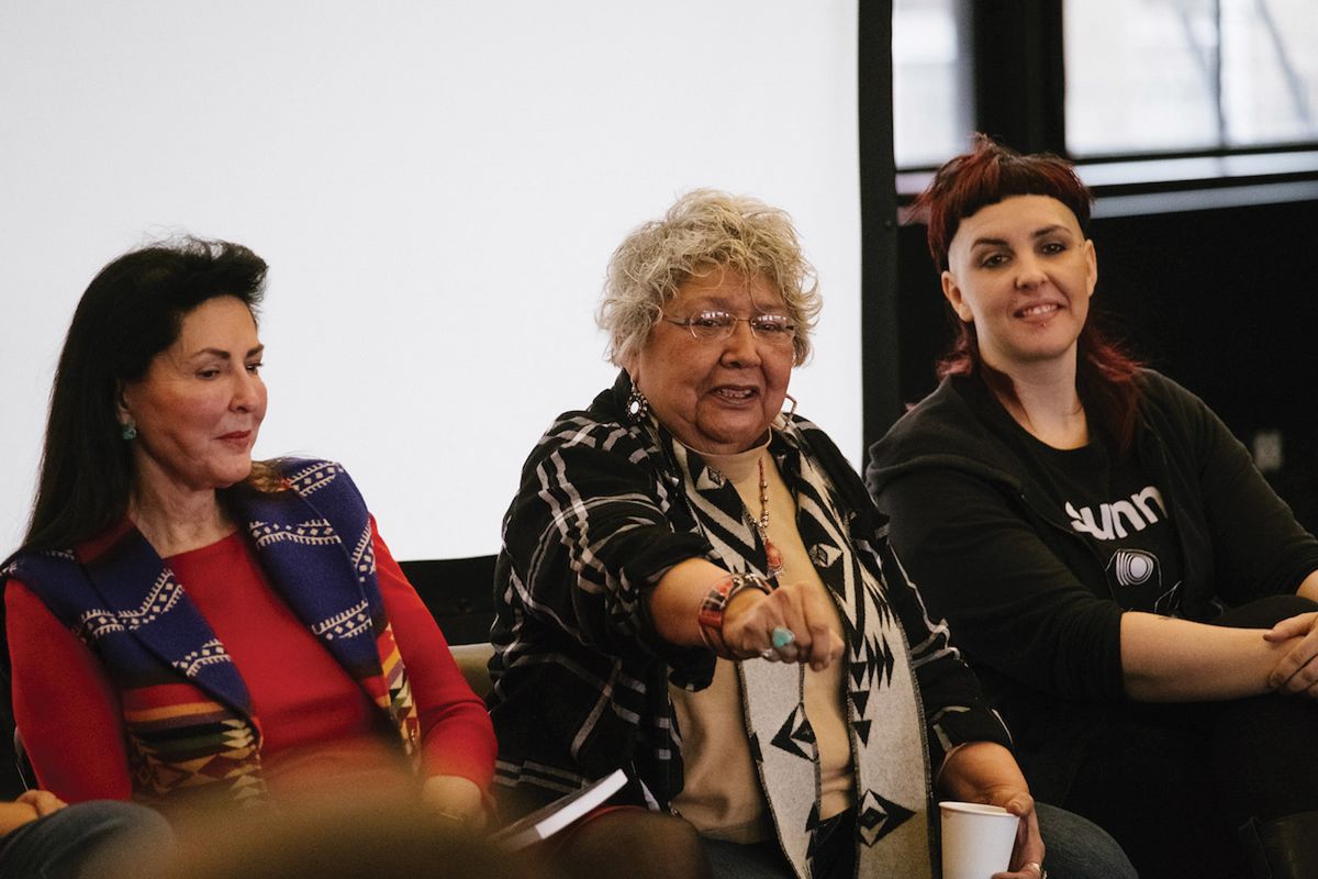 Muriel Miguel (center) the founding director of the Spiderwoman Theater at the First Nations Dialogues last January Photo: Da Ping Luo