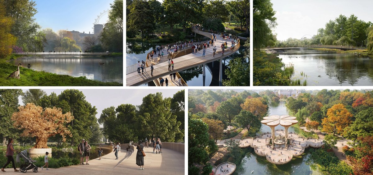 Clockwise from top left: Foster + Partners with Yinka Shonibare and Michel Desvigne Paysagiste; WilkinsonEyre with Lisa Vandy and Fiona Clark, Andy Sturgeon Design, Atelier One and Hilson Moran; J&LGibbons with Michael Levine RDI, William Matthews Associates, Structure Workshop and Arup; Heatherwick Studio with Halima Cassell, MRG Studio, Webb Yates and Arup; Tom Stuart-Smith with Jamie Fobert Architects, Adam Lowe (Factum Arte) and Structure Workshop
Copyright/Credit: images courtesy of the teams and Malcolm Reading Consultants