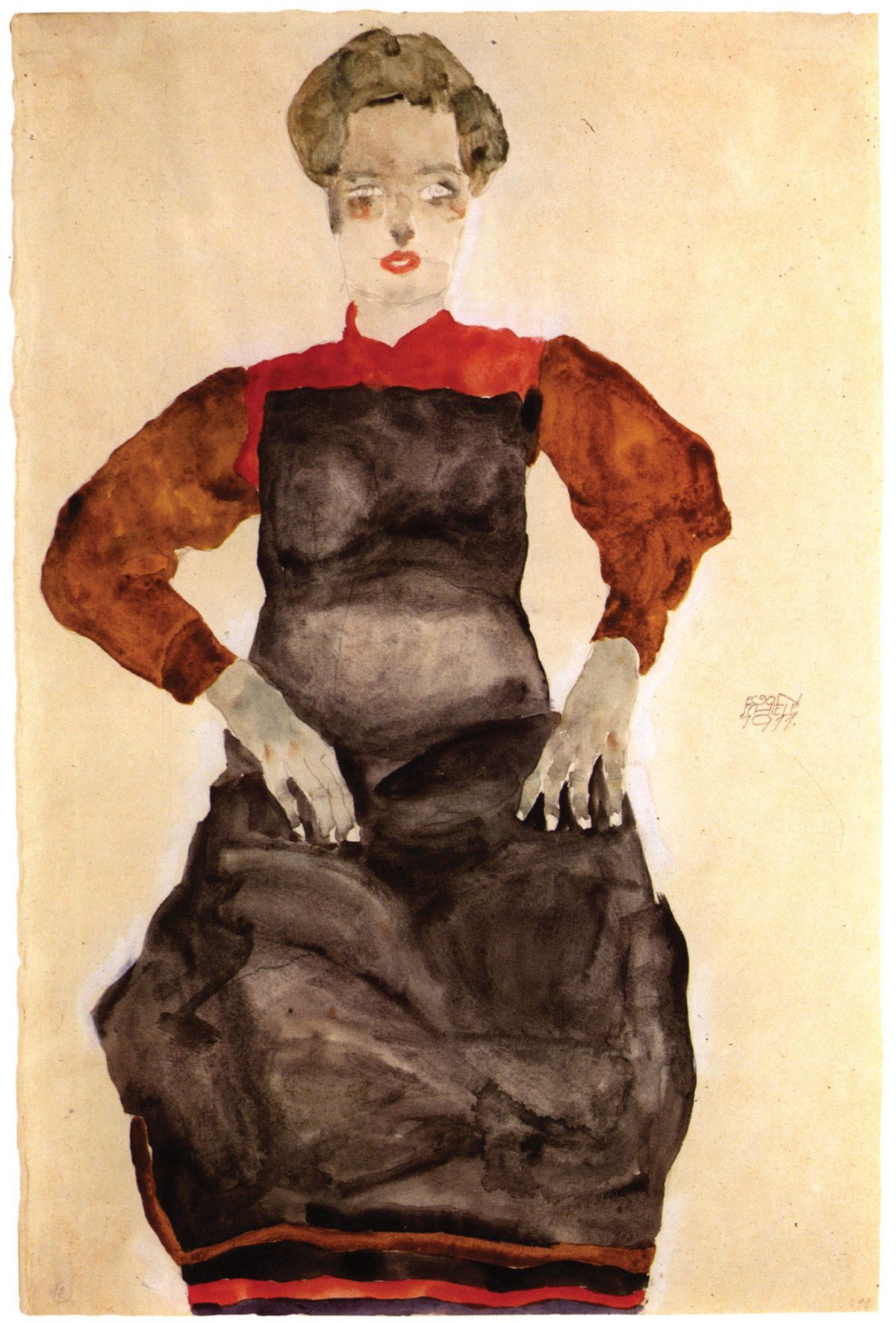 The disputed Woman in a Black Pinafore (1911) by Egon Schiele. At the request of three dealers, lostart.de removed 63 works by Schiele claimed by the heirs of Fritz Grünbaum, who perished at Dachau Courtesy of Collection Grünbaum