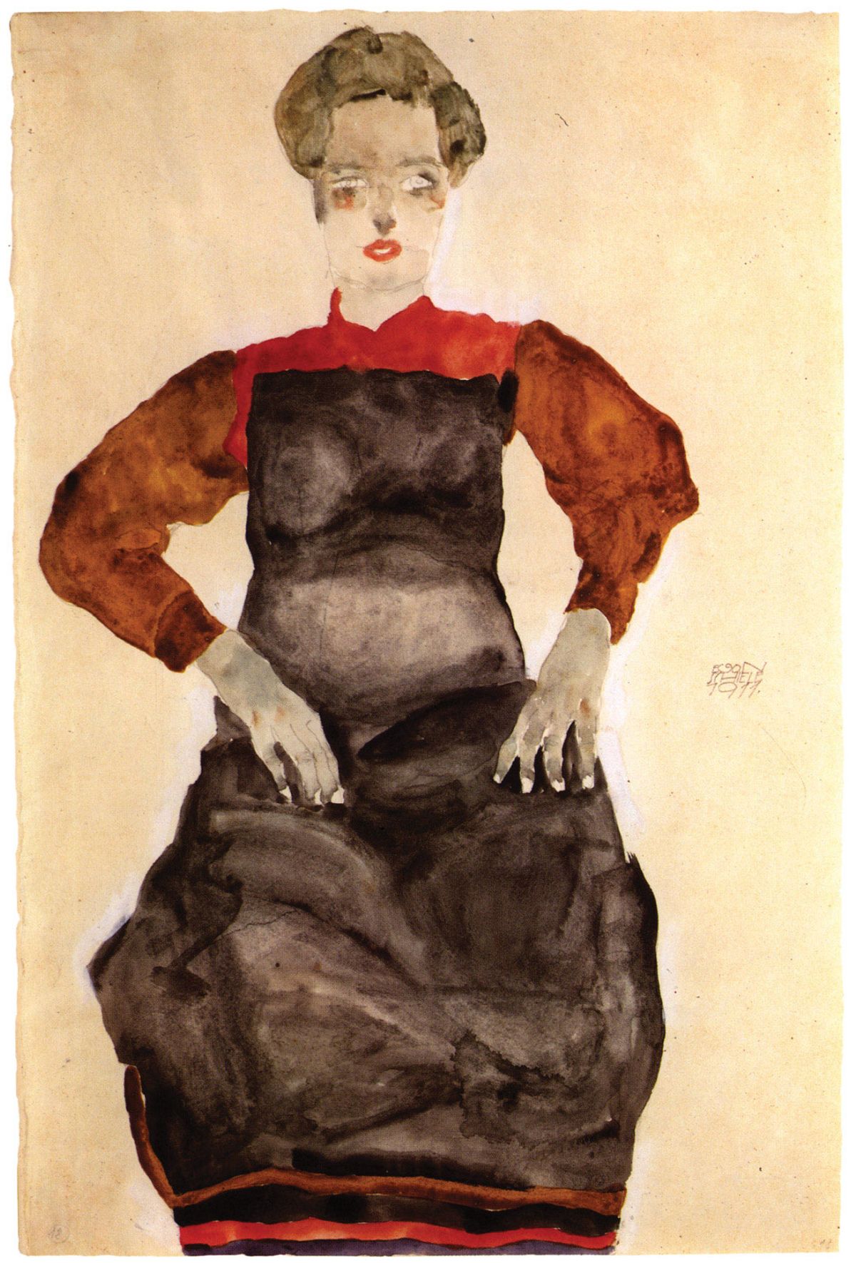 The disputed Woman in a Black Pinafore (1911) by Egon Schiele. At the request of three dealers, lostart.de removed 63 works by Schiele claimed by the heirs of Fritz Grünbaum, who perished at Dachau Courtesy of Collection Grünbaum