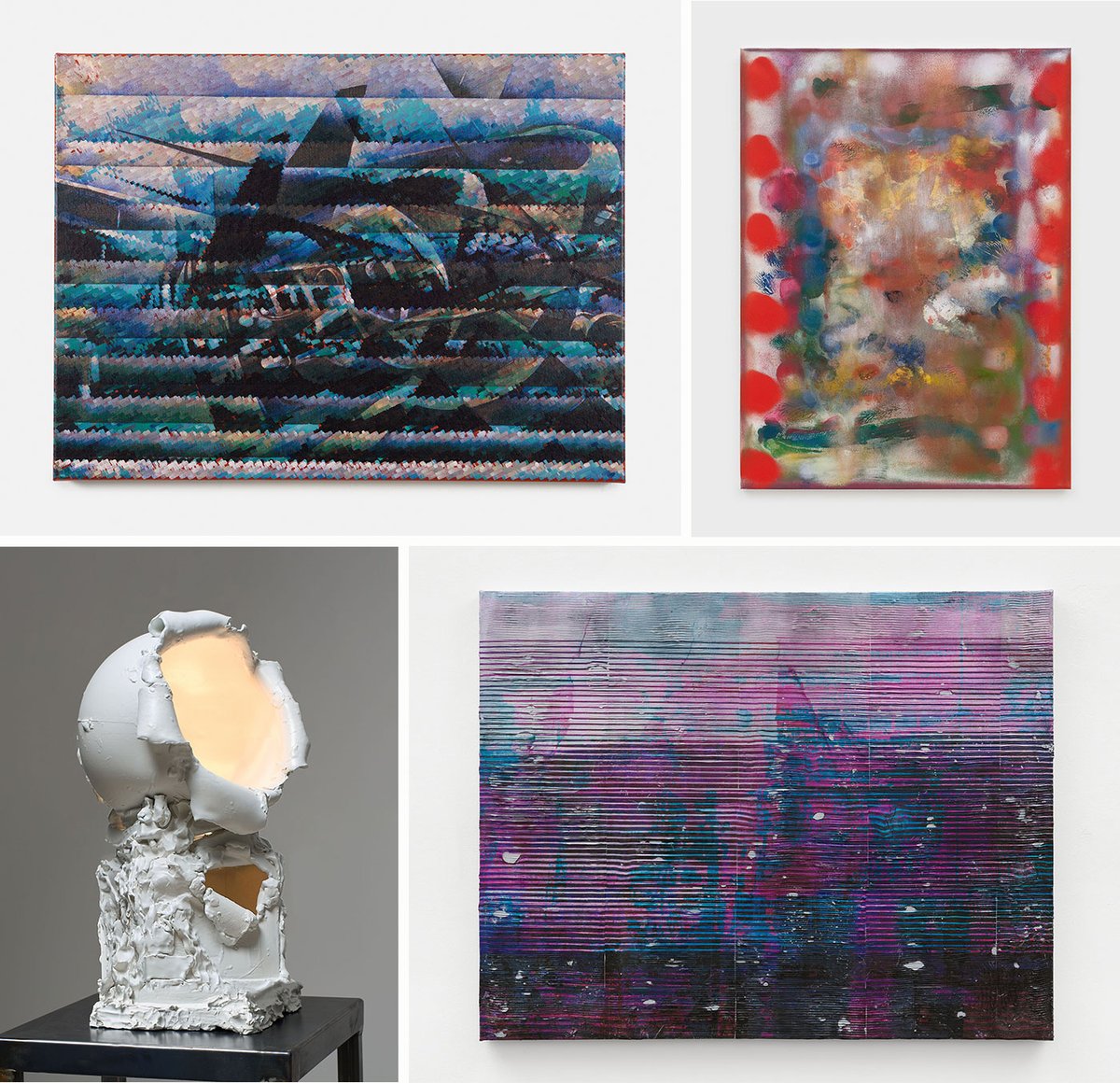 Art that embraces a hybrid reality. Clockwise from top left: Simon Denny, Output 1076 (2025), plotted gouache and inkjet on canvas; Sara Ludy, On Days (2024), acrylic on canvas; Chris Dorland, Untitled (erosion model), 2025; a Jenna Basso Pietrobon lamp sculpture from the project Break the Mold (2024-25) Denny: courtesy of the artist, Petzel Gallery, and Kraupa-Tuskany Zeidler. Photos: Nick Nash. Ludy: courtesy of the artist and Smart Objects. Dorland: Courtesy the artist and Nicoletti Contemporary. Photo by Lewis Ronald. Jenna Basso Pietrobon: Courtesy the artist; photograph, Giulio Favotto