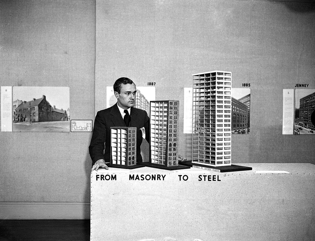 While chairman of the Department of Architecture of the Museum of Modern Art in New York, Philip Johnson illustrated the progress of building construction from masonry to steel during an exhibition, 18 January 1933 AP Photo