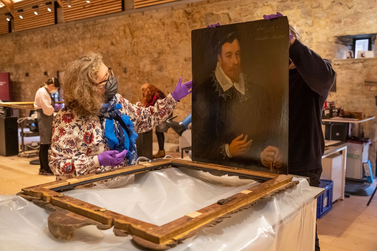 Portrait of John Maitland in an oil painting from Ham House being prepared for work at the conservation studio © National Trust; James Dobson
