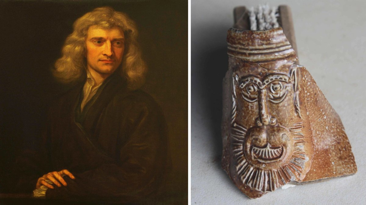 Isaac Newton (left) and a Bellarmine Jug piece with an embossed face that was discovered at the site of his mother’s home
Newton: © National Trust. Jug piece: © National Trust/Phil Adams