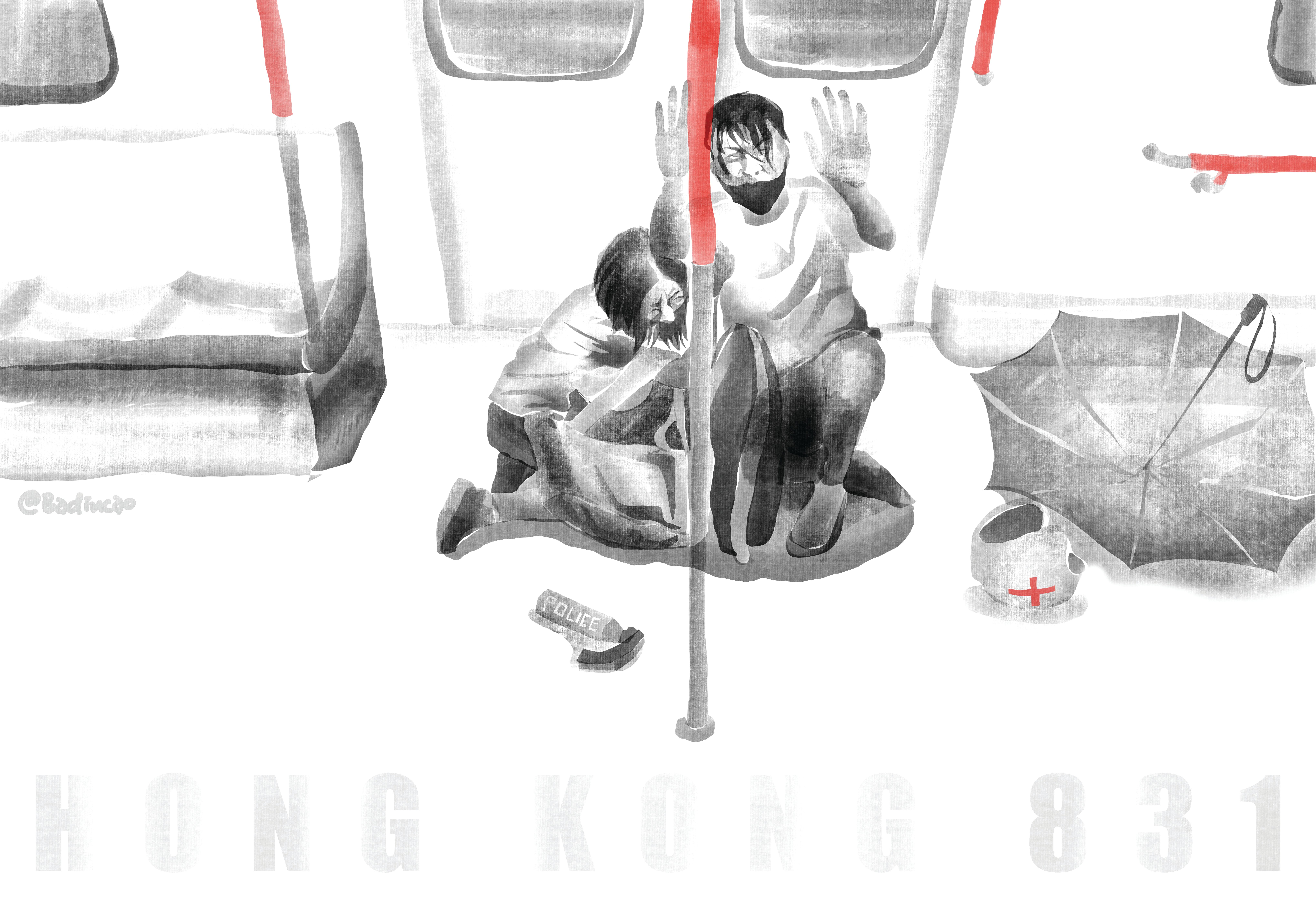 A scene from live TV: a couple were terrorised by police in a train compartment at Prince Edward station in Hong Kong on 31 August 2019 © Badiucao