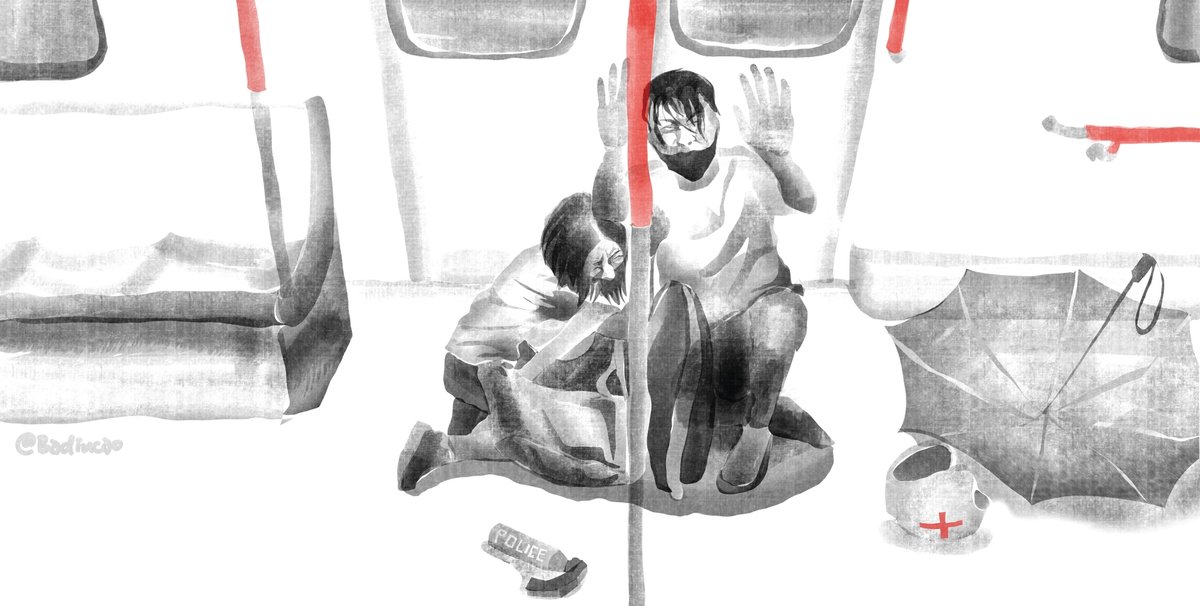 A scene from live TV: a couple were terrorised by police in a train compartment at Prince Edward station in Hong Kong on 31 August 2019 © Badiucao