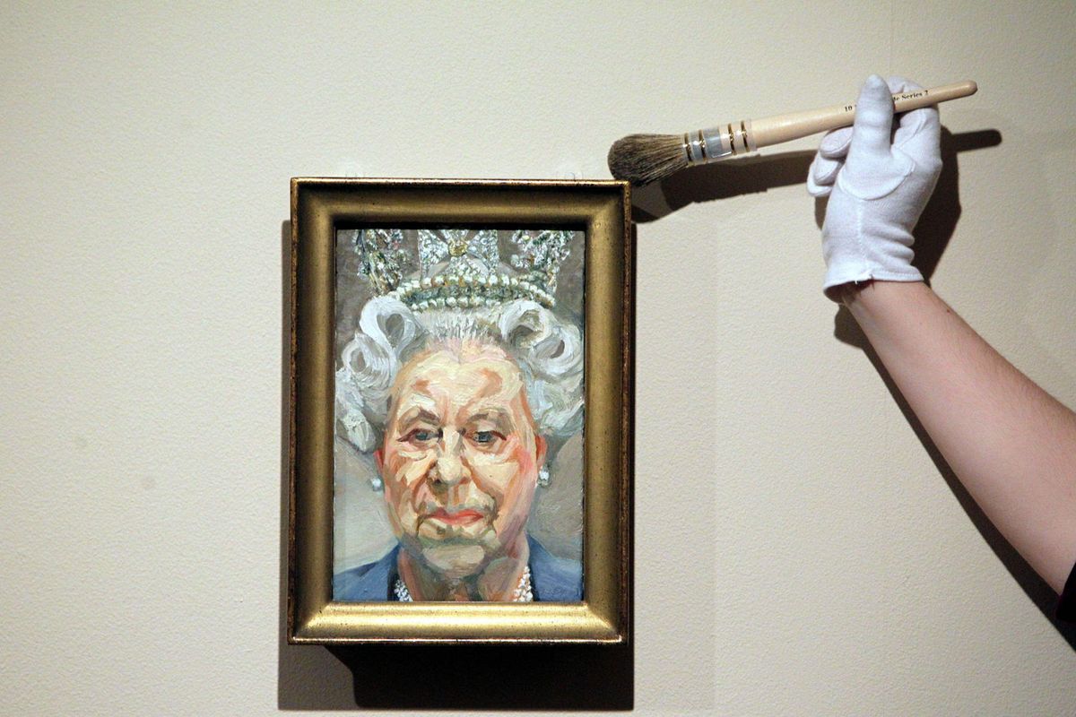 Lucian Freud's Queen Elizabeth II (2001) on show at Windsor Castle in 2012 Freud: Royal Collection Trust/© Her Majesty Queen Elizabeth II 2022. Installation: PA Images/Alamy Stock Photo


