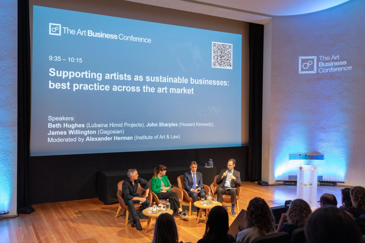 The panel “Supporting artists as sustainable businesses” at the Art Business Conference 2026 in London Photo: David Owens