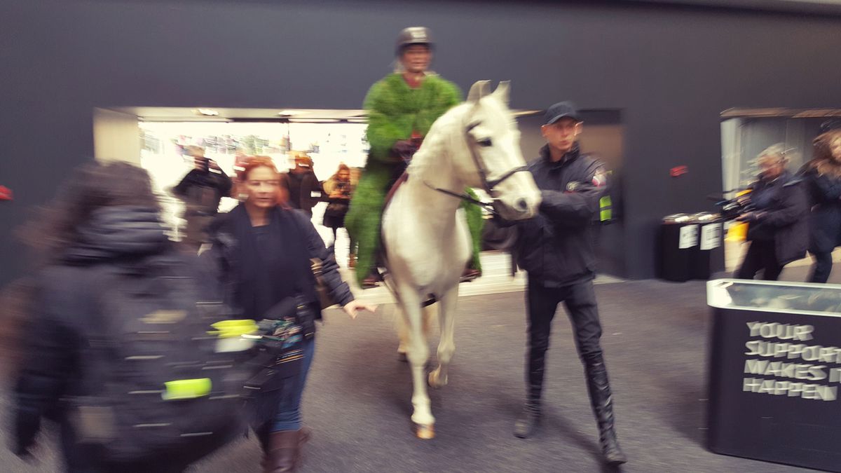 Culture Declares Emergency's horse and rider enter the Tate Modern Turbine Hall Photo: Ackroyd-&-Harvey