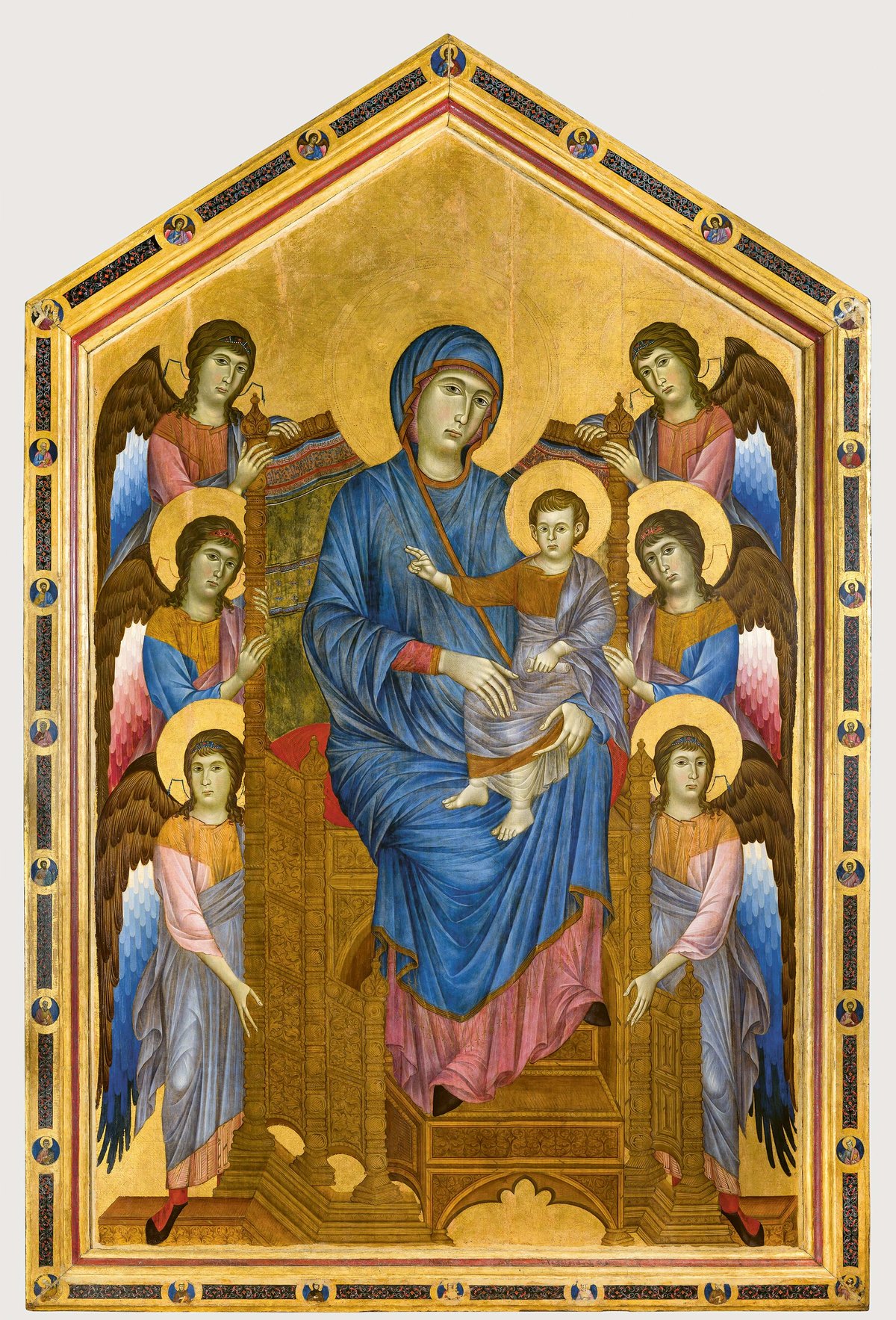 Cimabue’s four-metre-high La Maestà (around 1280) after the Louvre’s recent restoration. Vibrant colours and transparency have been revealed, as well as figures and pseudo-script in the frame © C2RMF/Thomas Clot