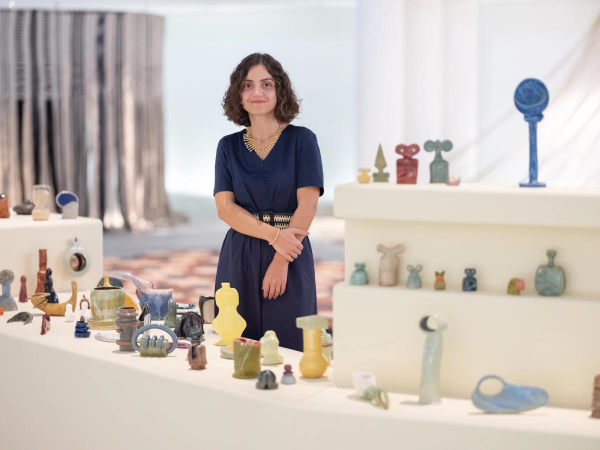 Rand Abdul Jabbar with her work Earthly Wonders, Celestial Beings (2019-ongoing) at the Louvre Abu Dhabi
Photo: Augustine Paredes – Seeing Things. Courtesy Department of Culture and Tourism, Abu Dhabi. Artwork © the artist
