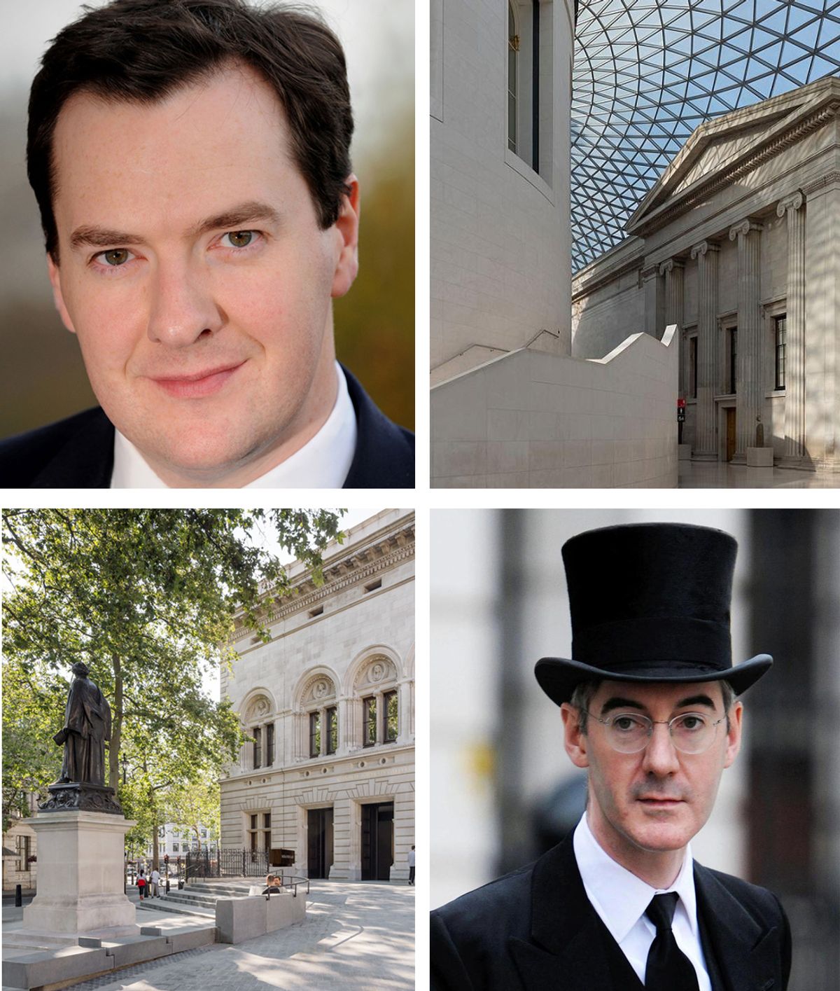 George Osborne (top left) and Jacob Rees-Mogg (bottom right) are two prominent examples of politicians who sit on the boards of major UK museums, respectively the British Museum and the National Portrait Gallery, both in London