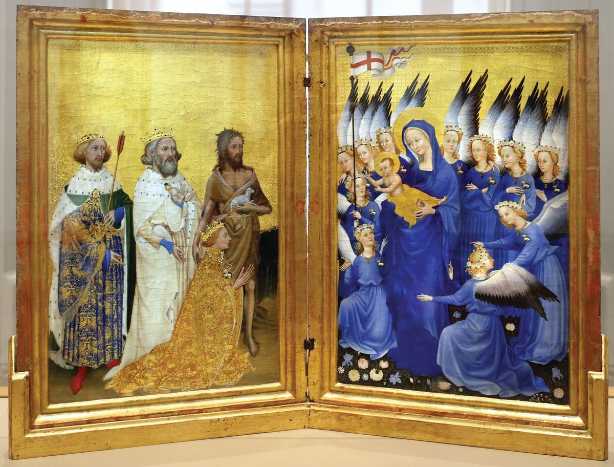 The tooled gold inner panels of the small portable 14th-century Wilton Diptych  flicker “like a lantern that has shone through six centuries” Courtesy National Gallery, London
