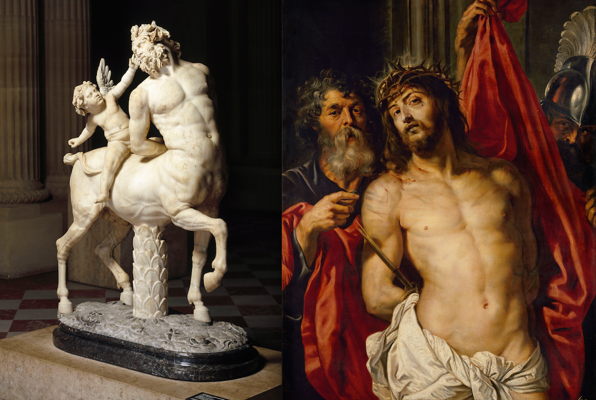 A marble Roman sculpture of a centaur tamed by Cupid (around first or second century AD) and Peter Paul Rubens's Crown of Thorns (Ecce Homo) (around 1612) Museé du Louvre; © bpk, RMN; Grand Palais. © The State Hermitage Museum 2017