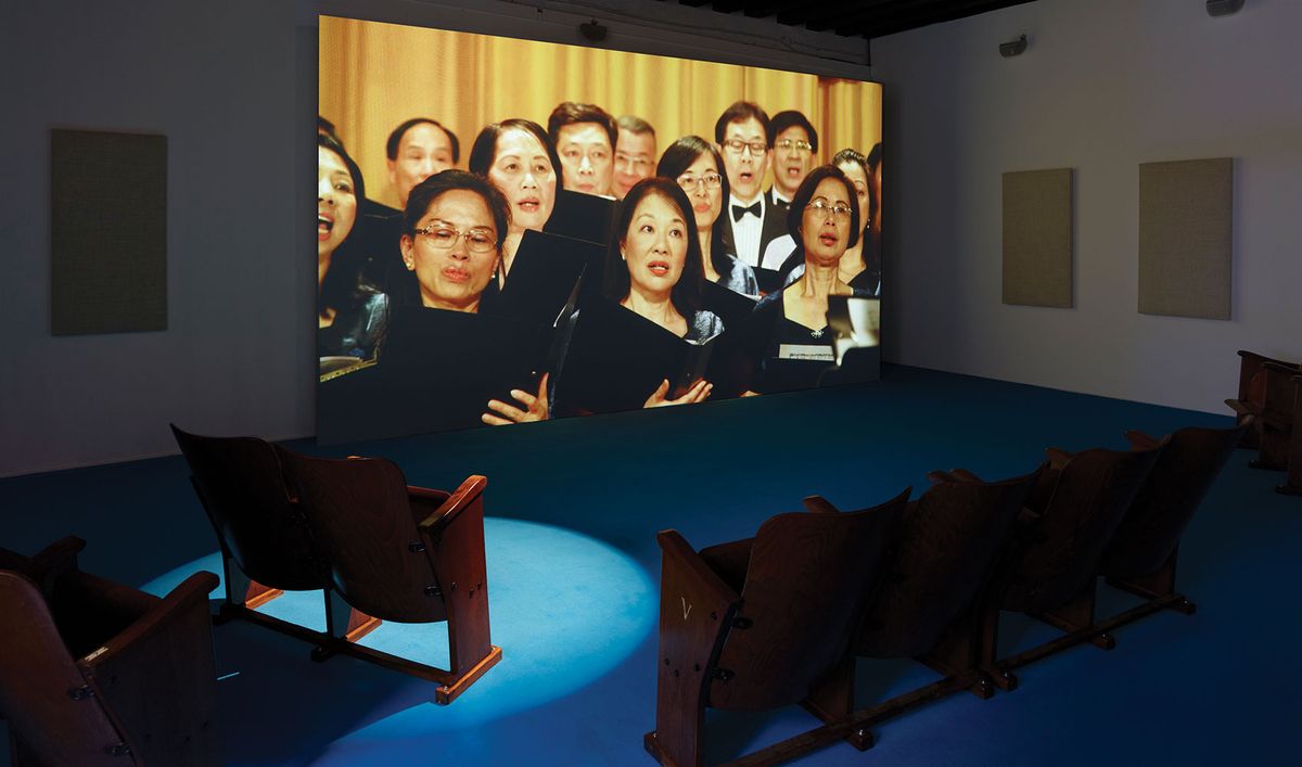 The Hong Kong Federation of Trade Unions Choir perform We are the World in Samson Young’s installation Simon Vogel