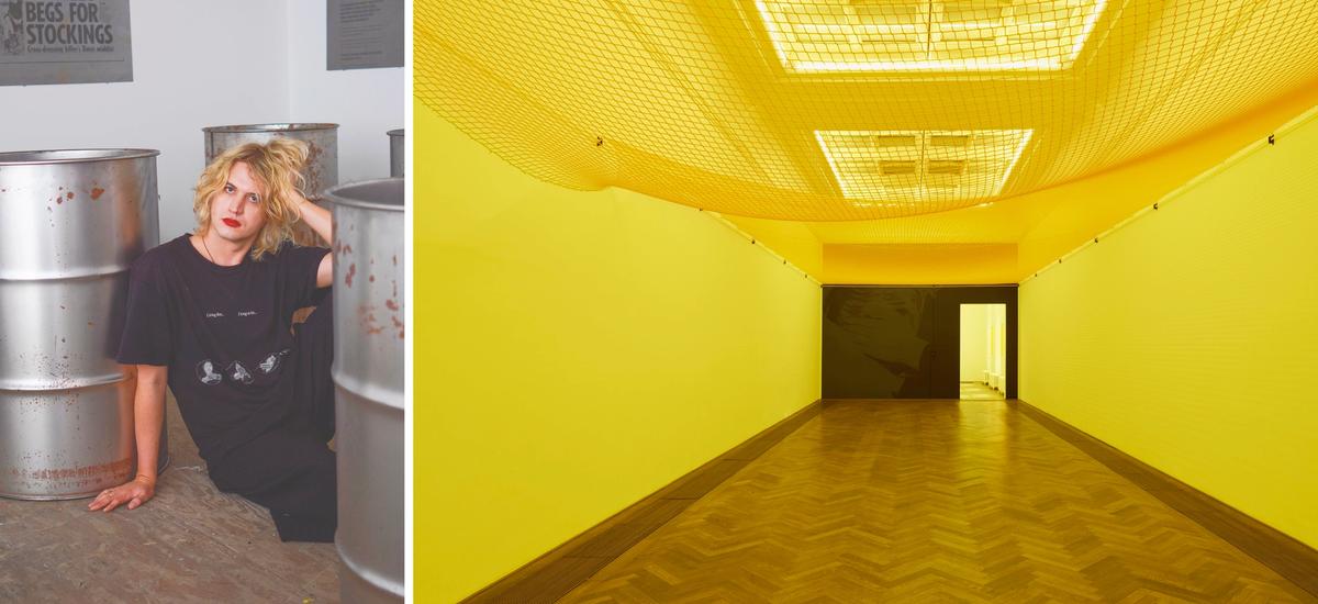The multimedia artist P. Staff (left) and an installation view of the exhibition In Ekstase at Kunsthalle Basel, 2023 Portrait: © Gillian Steiner; exhibition: Philipp Hänger / Kunsthalle Basel