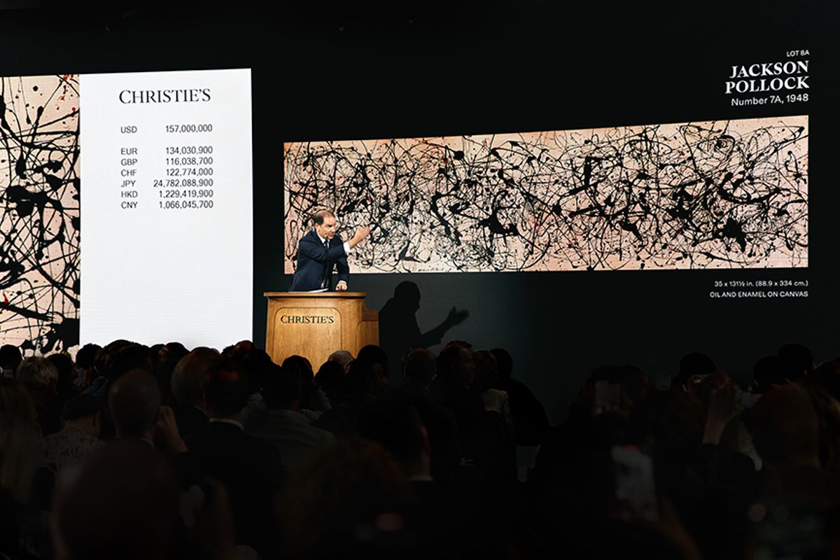 Adrien Meyer auctioning Jackson Pollock's 7A (1948) for a record 181.m (with fees)
Courtesy of Christie's
