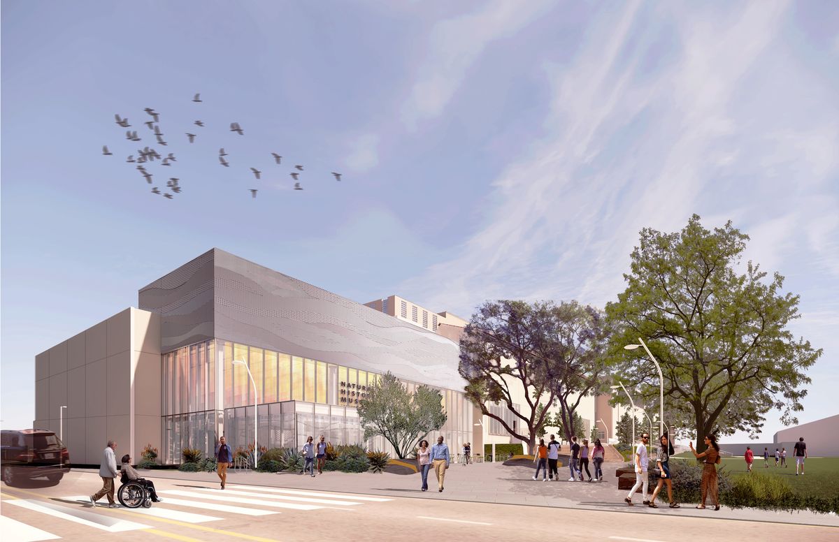 A rendering of the Natural History Museum Commons on the southwest side of the Natural History Museum of Los Angeles County campus in Exposition Park Rendering by Frederick Fisher and Partners, Studio MLA, and Studio Joseph