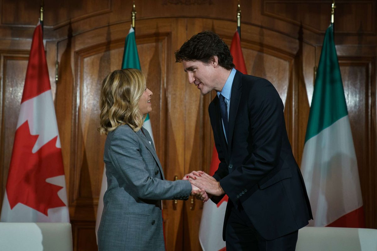 Italian prime minister Giorgia Meloni and her Canadian counterpart Justin Trudeau conducted their Toronto summit at an alternate location after a planned meeting at the Art Gallery of Ontario was canceled due to a large pro-Palestine protest Photo via @CanadianPM/X
