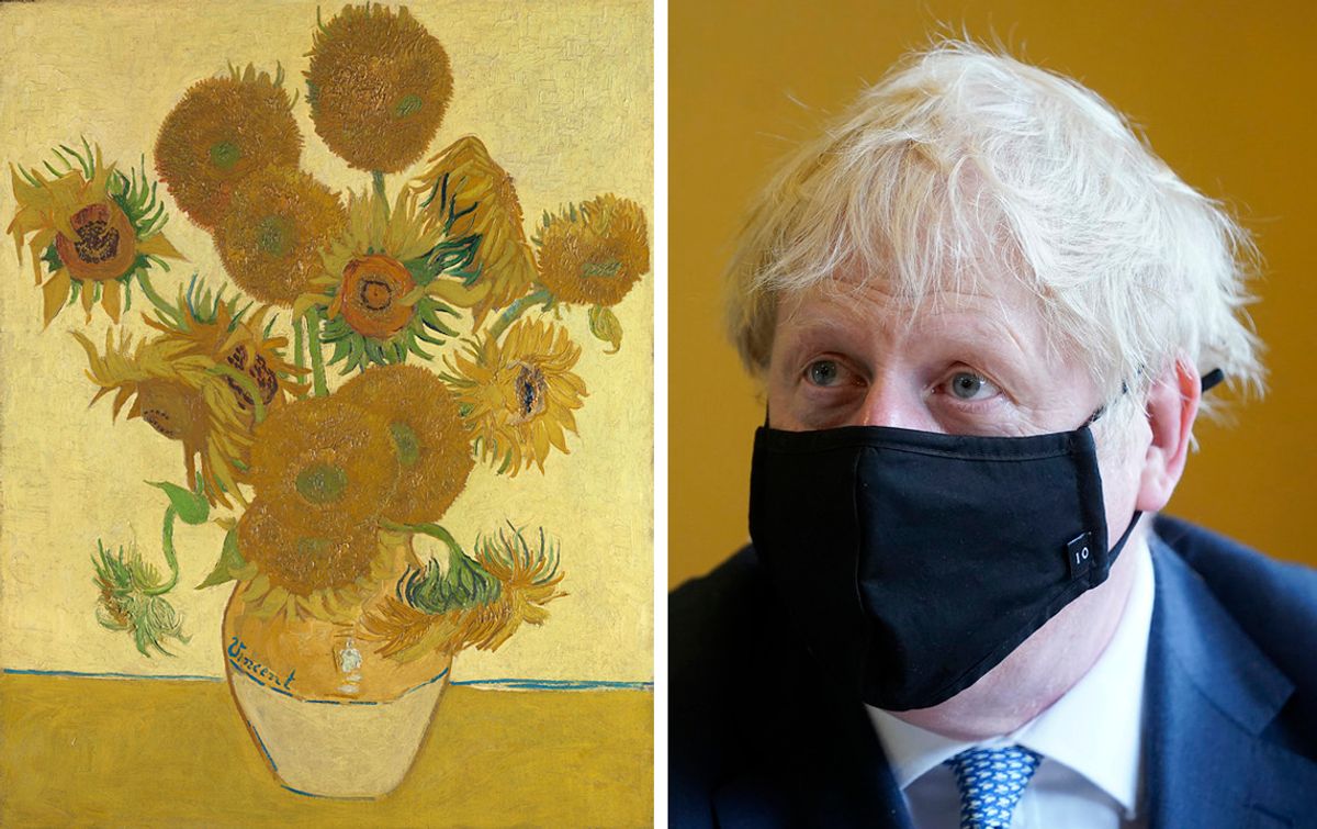 Van Gogh’s Sunflowers (August 1888) and Boris Johnson Van Gogh: National Gallery, London; Johnson: Andrew Parsons / No 10 Downing Street