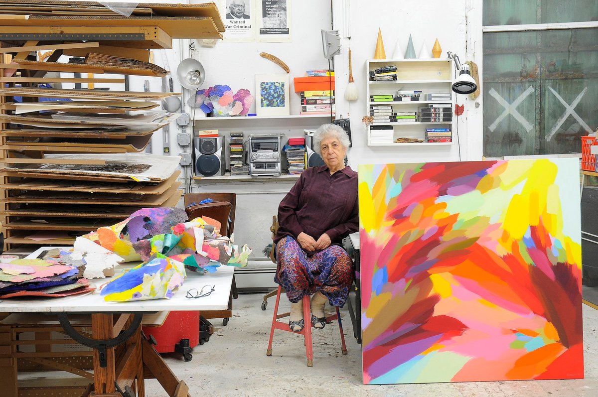 Samia Halaby in her studio Photo by Lbalbalba11122, via Wikimedia Commons