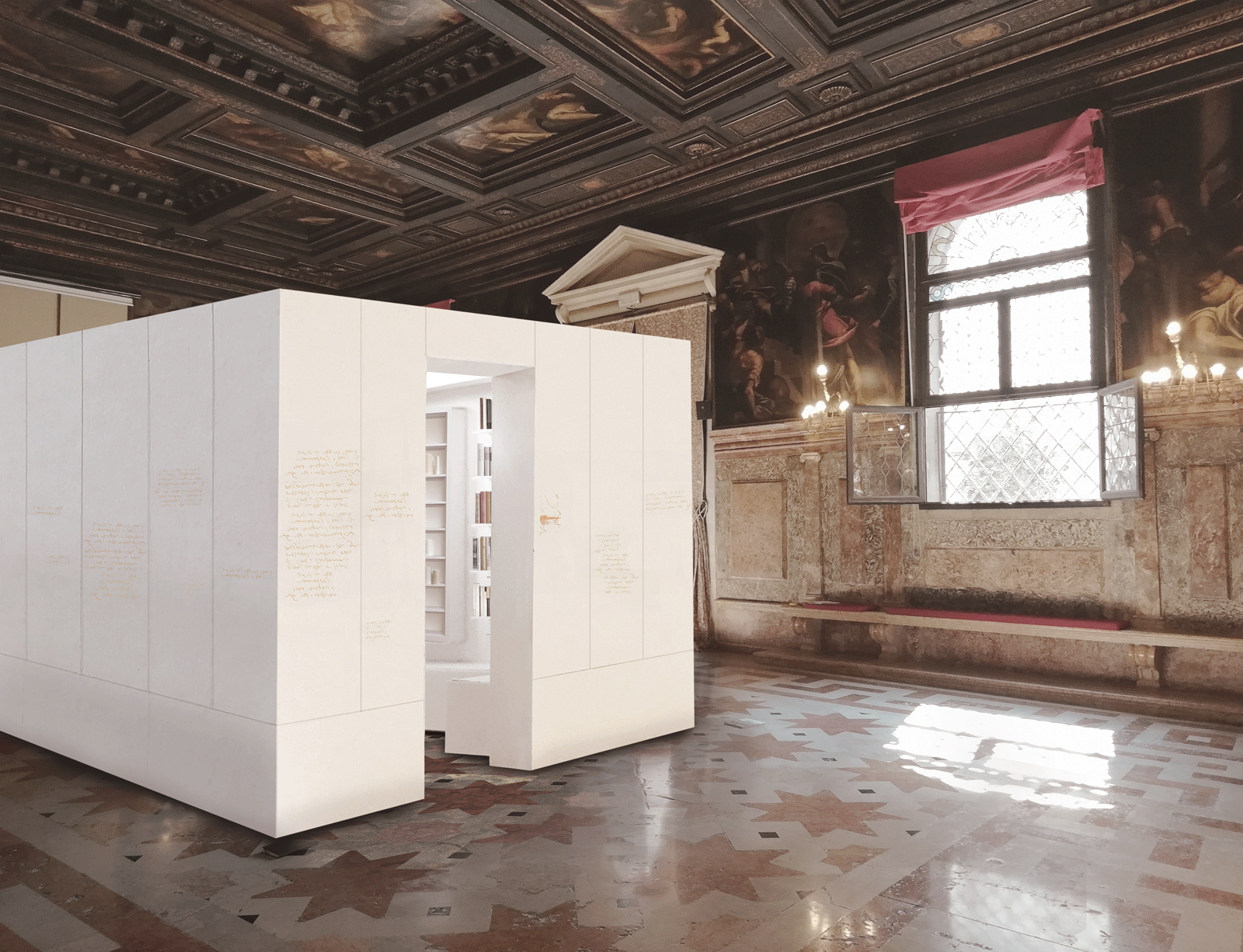 The proposed installation in the Ateneo Veneto © Edmund de Waal. Courtesy the artist