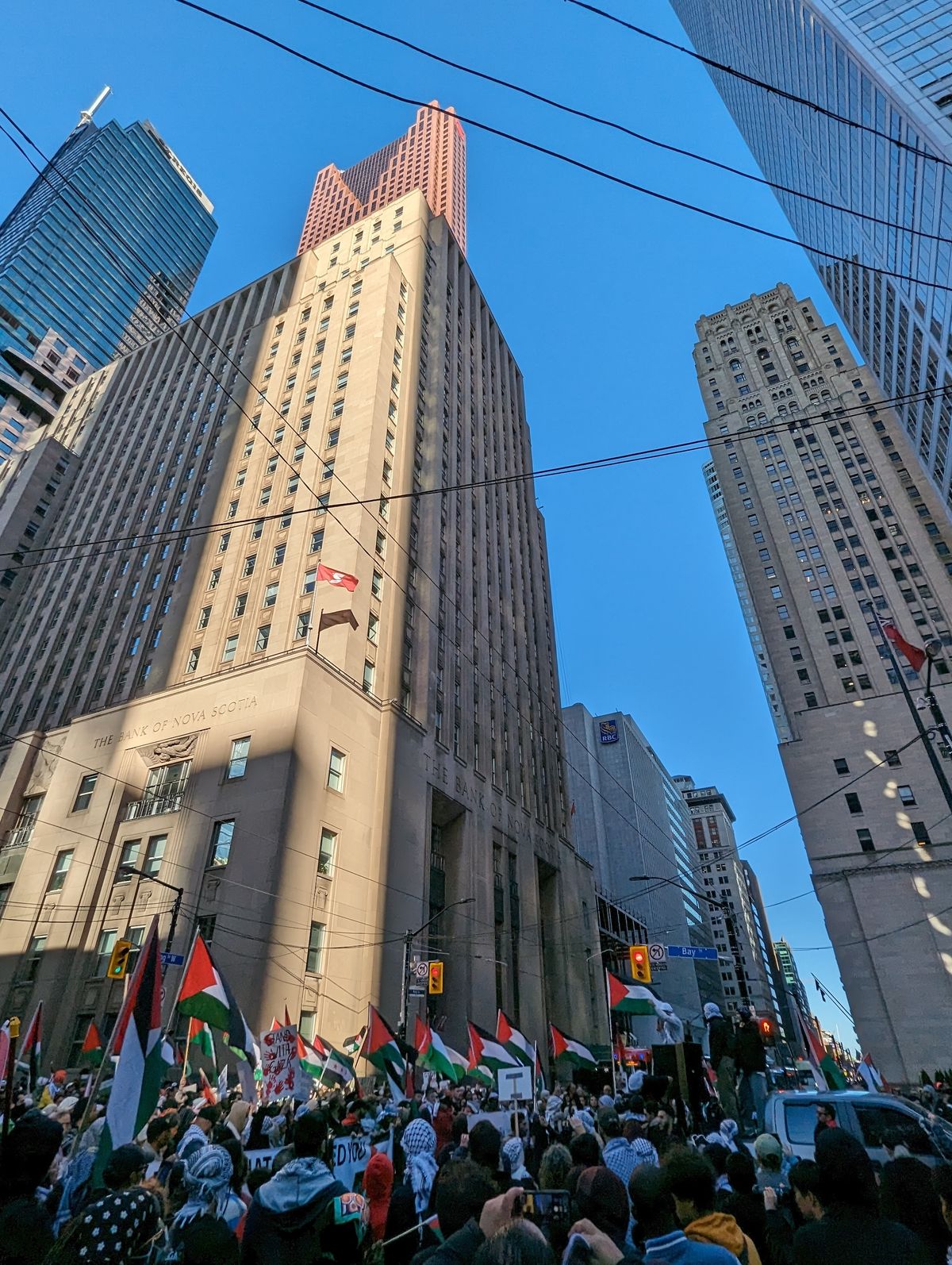 Rally outside the Scotiabank headquarters in Toronto organized by Toronto4Palestine in October 2023 Photo: Sikander Iqbal via Wikimedia