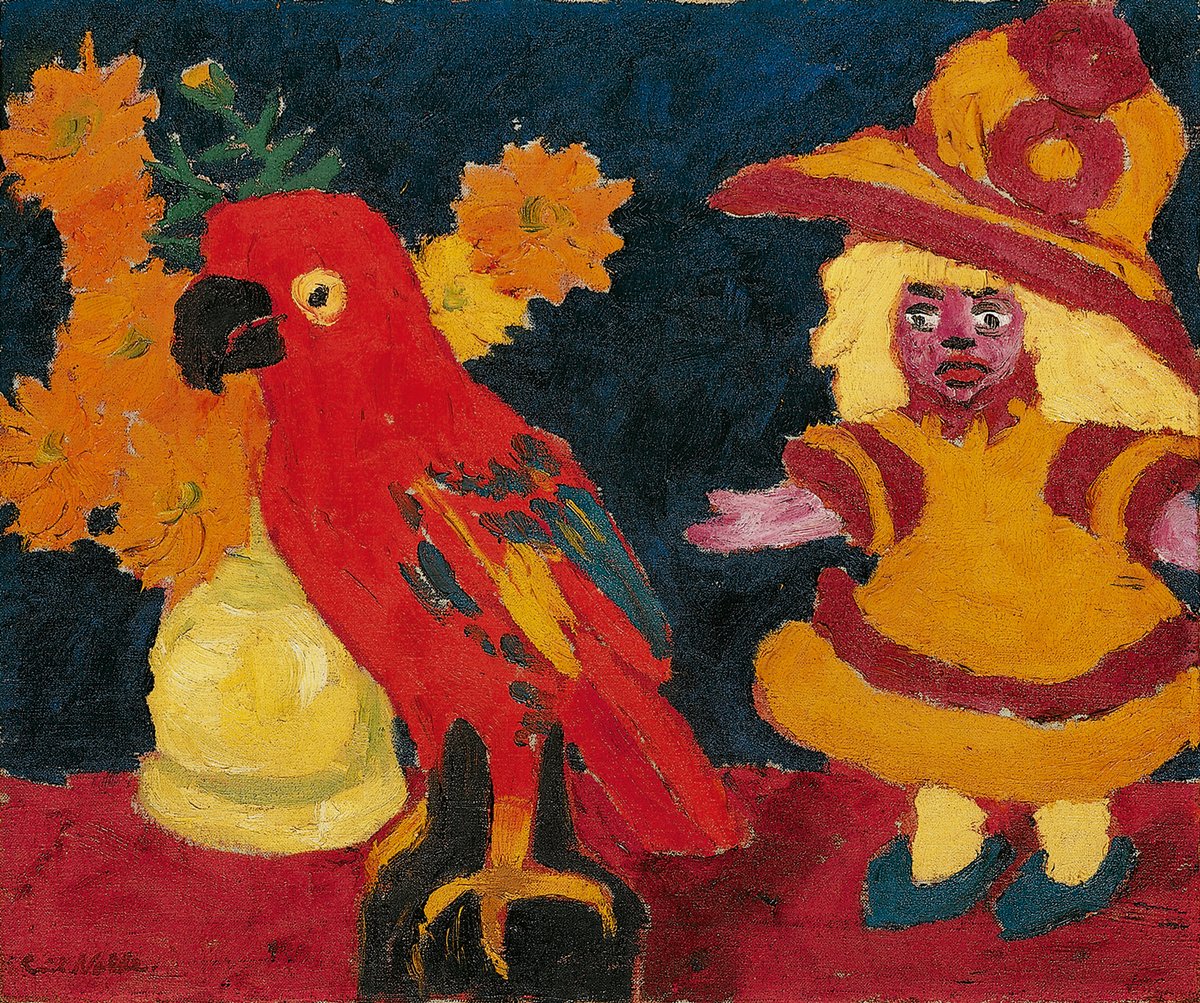 Emil Nolde's Stilleben (Puppe, Blumen und Papagei) (1912, still life: doll, flowers and parrot) © Nolde Stiftung Seebüll