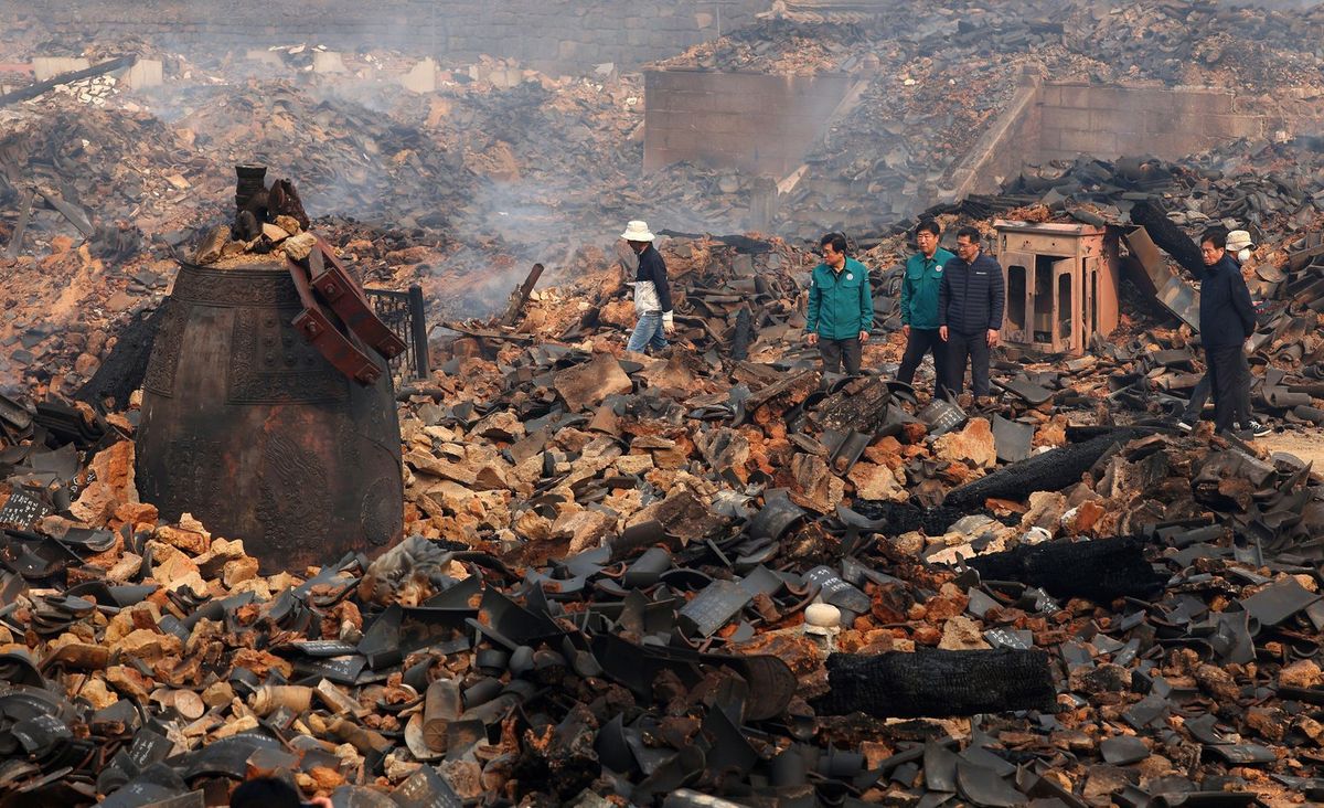 The remains of the ceremonial bell at Gounsa temple in Uiseong County, South Korea Kim Do-hoon/Yonhap via Associated Press/Alamy Stock Photo