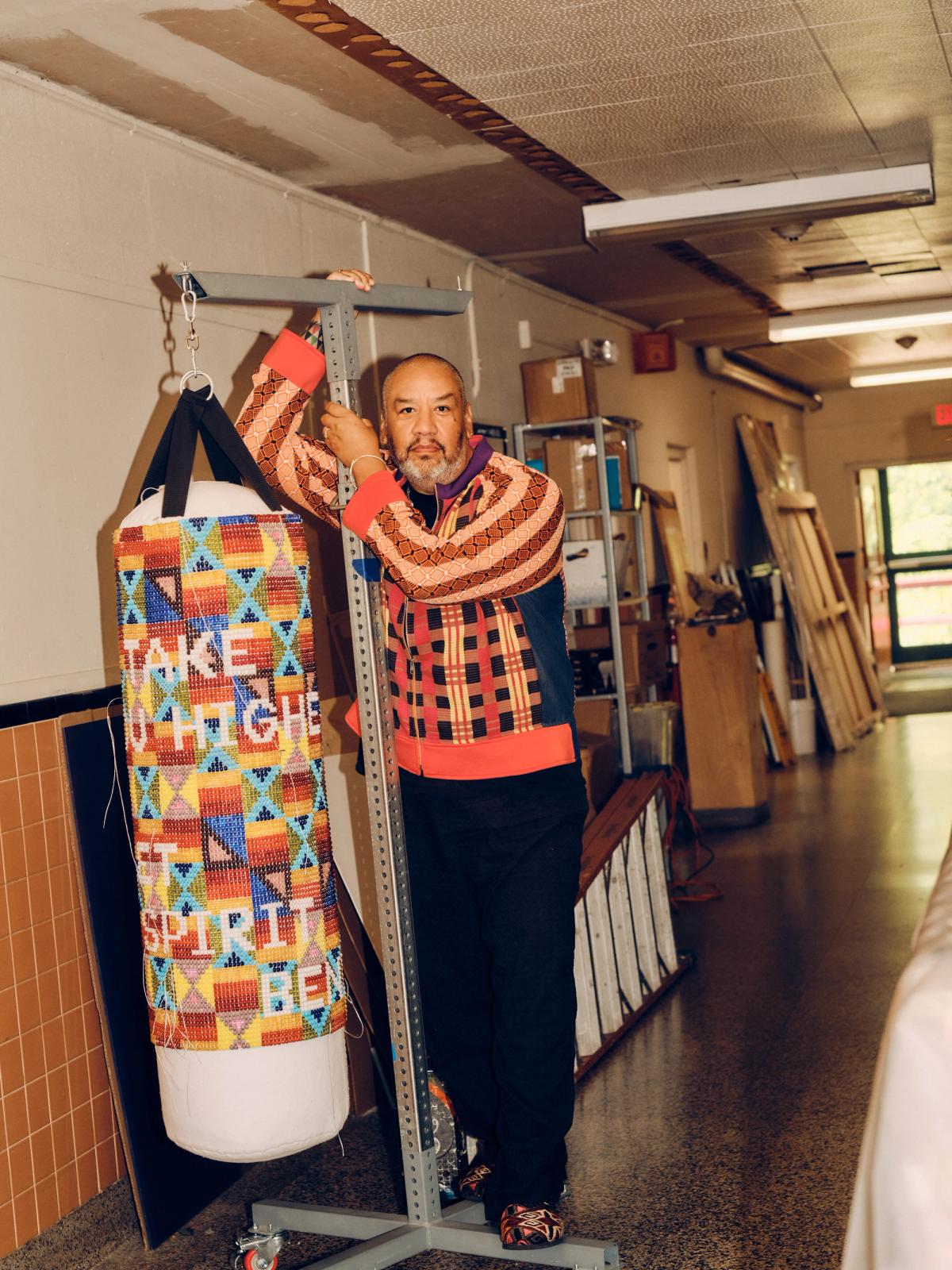 Jeffrey Gibson in the studio, 2025
© Jeffrey Gibson. Courtesy the artist and Hauser & Wirth. Photo: Emiliano Granado