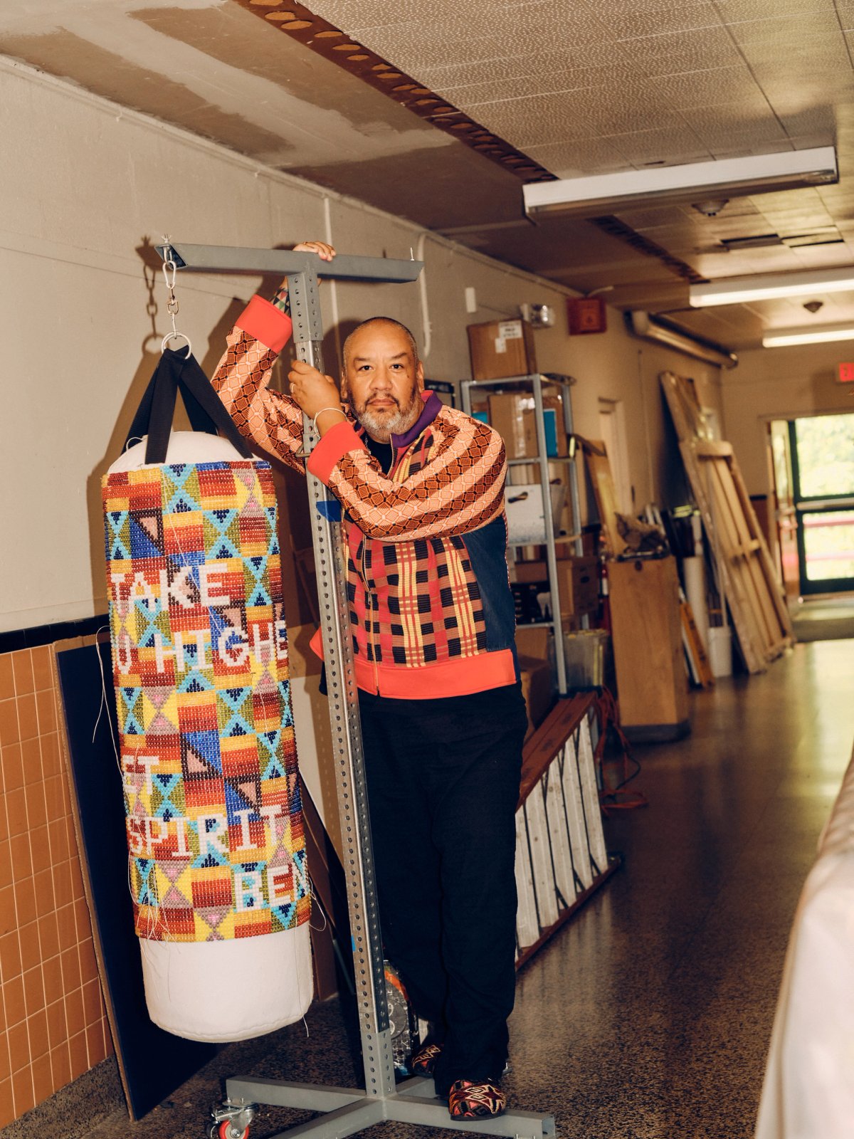 Jeffrey Gibson in the studio, 2025
© Jeffrey Gibson. Courtesy the artist and Hauser & Wirth. Photo: Emiliano Granado