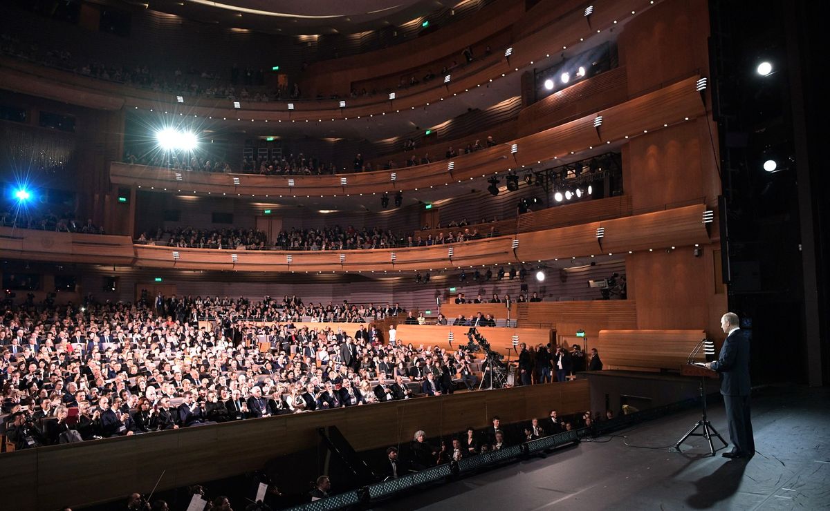 Russian President Vladimir Putin speaking at the opening ceremony of the St Petersburg International Cultural Forum Kremlin